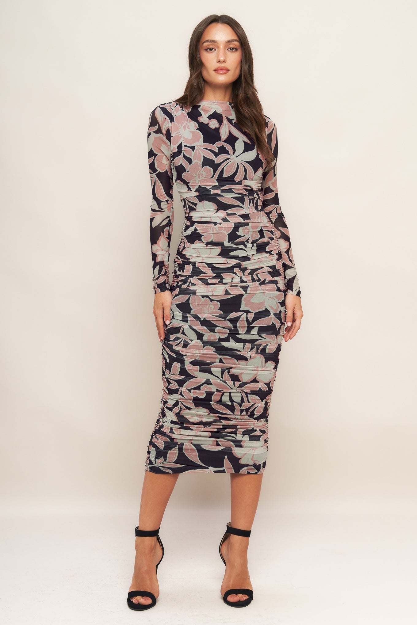 LONG SLEEVE BLACK FLORAL POWER MESH MIDI DRESS