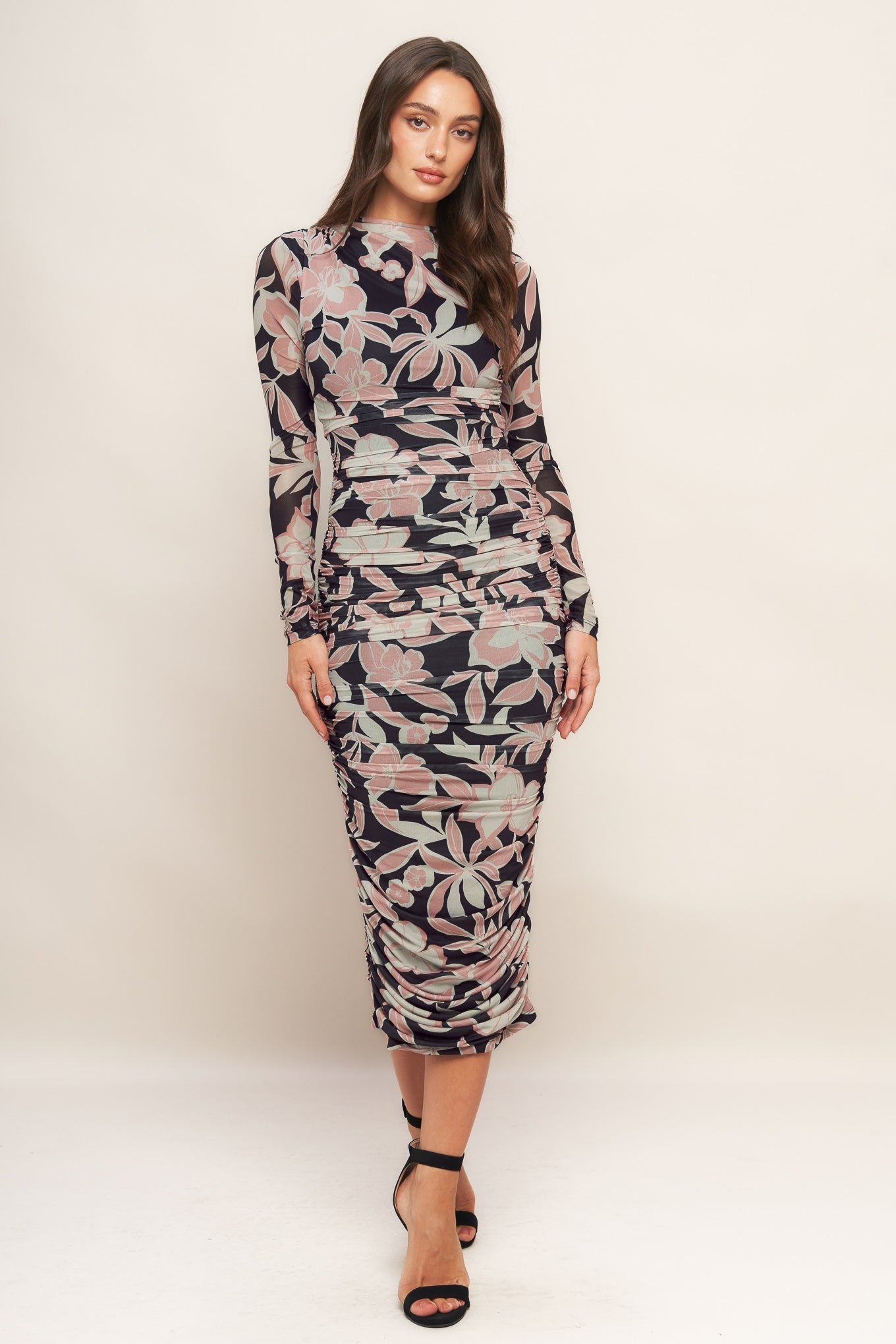 LONG SLEEVE BLACK FLORAL POWER MESH MIDI DRESS