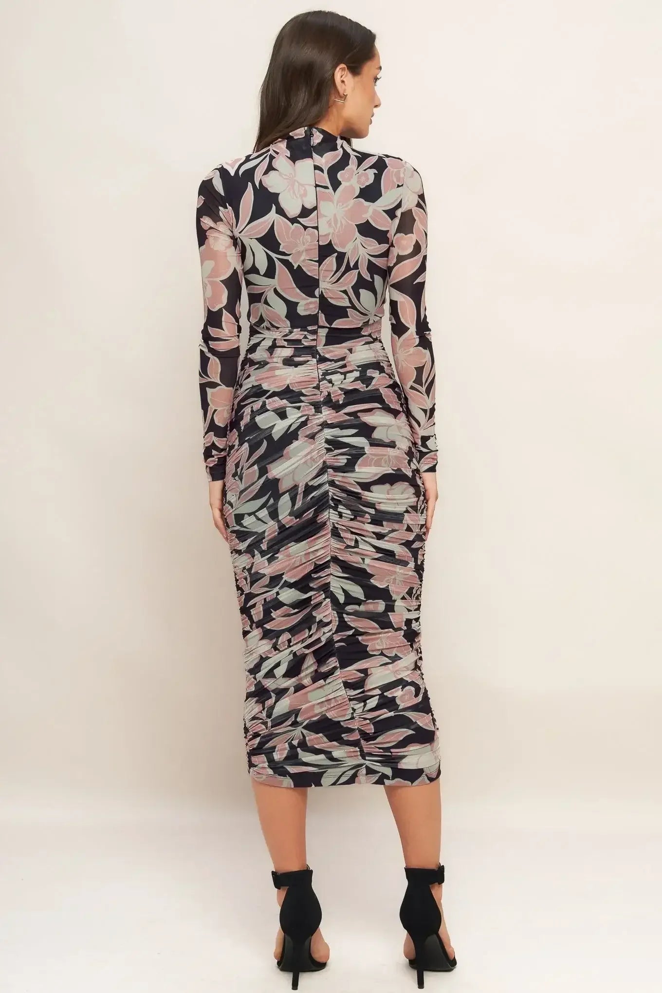 LONG SLEEVE BLACK FLORAL POWER MESH MIDI DRESS