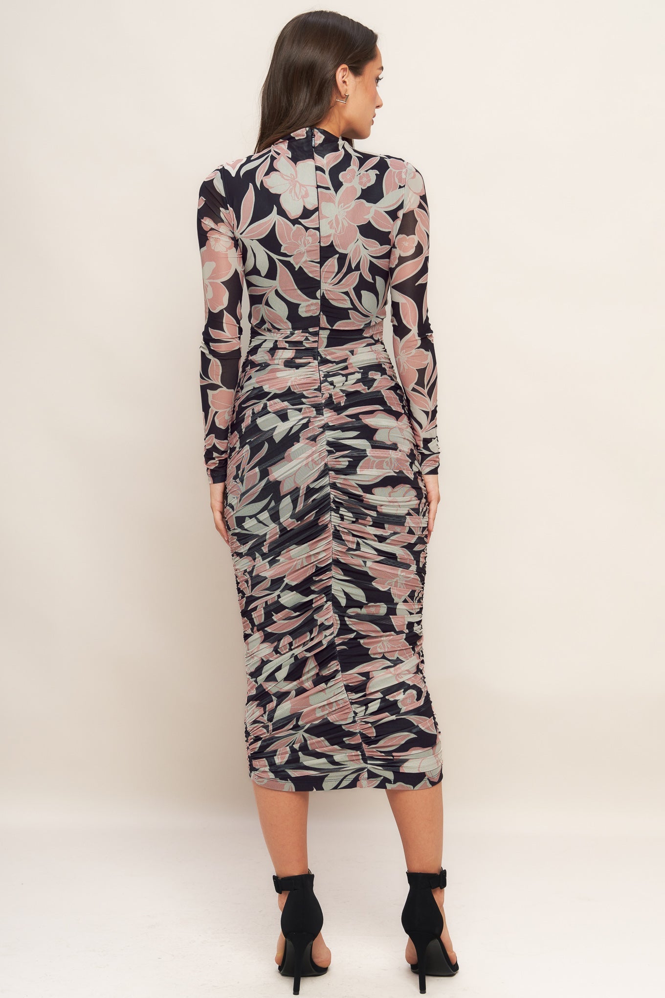 LONG SLEEVE BLACK FLORAL POWER MESH MIDI DRESS
