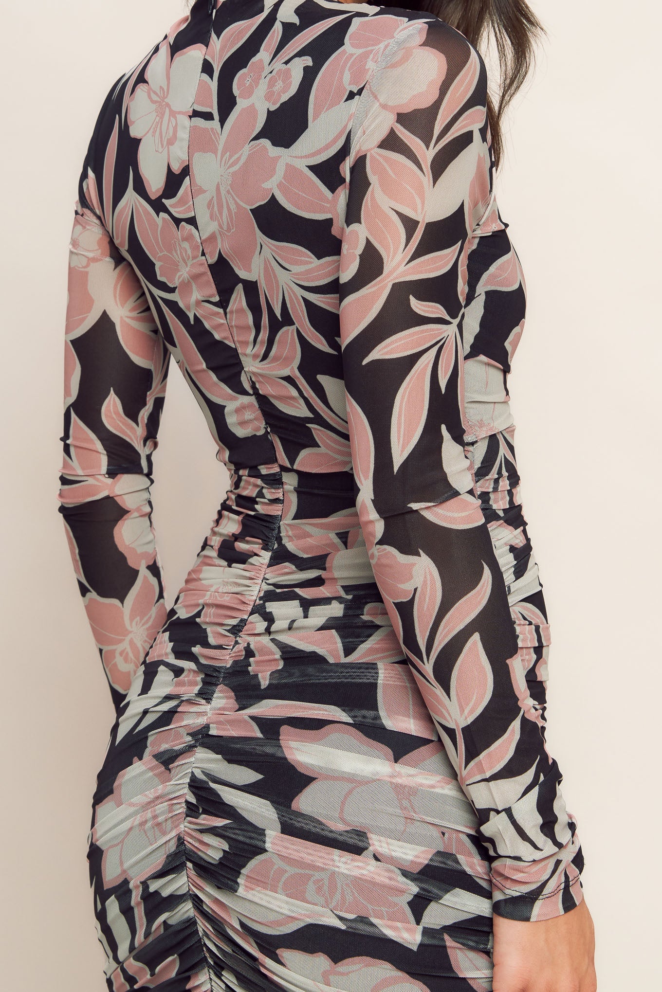 LONG SLEEVE BLACK FLORAL POWER MESH MIDI DRESS