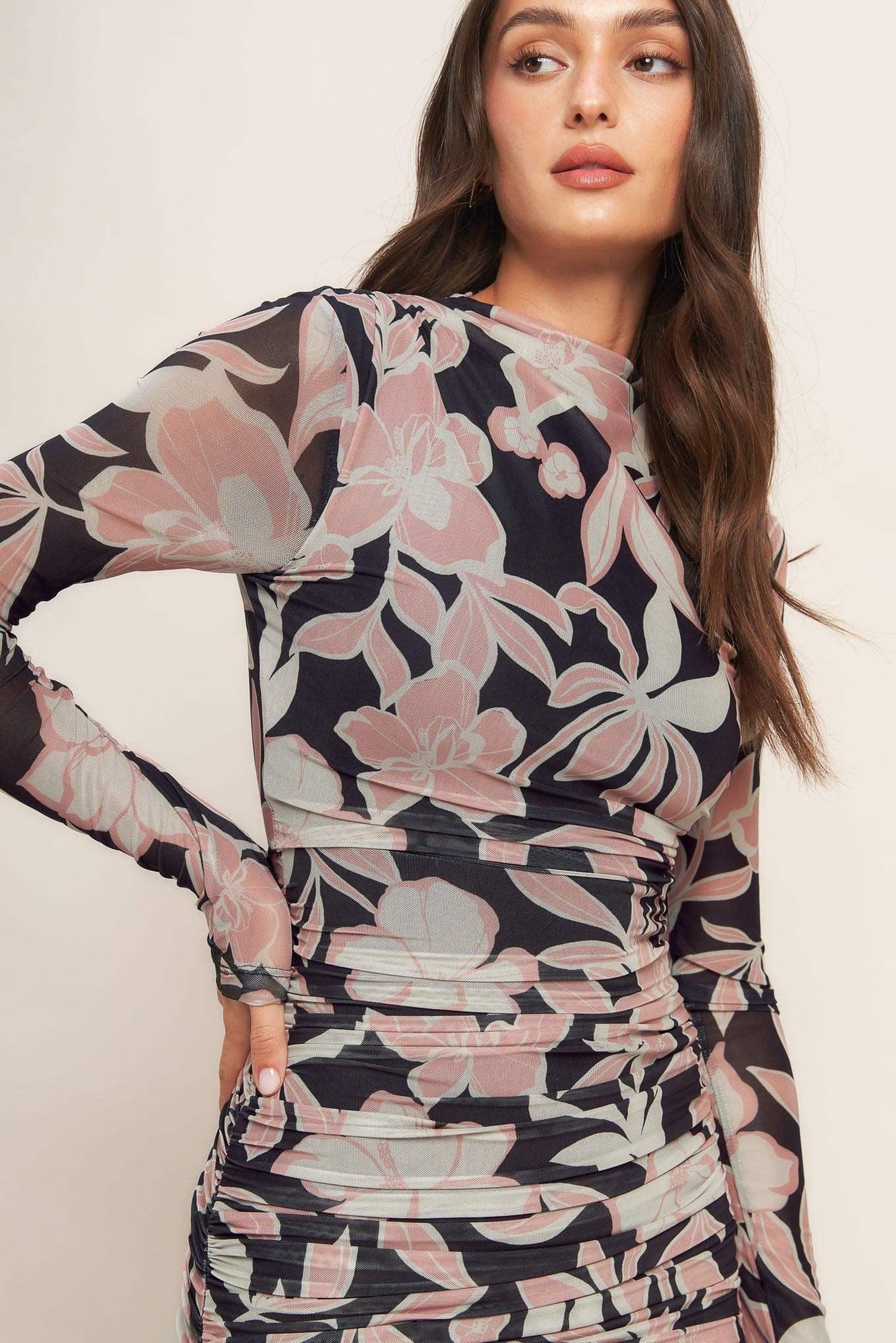 LONG SLEEVE BLACK FLORAL POWER MESH MIDI DRESS