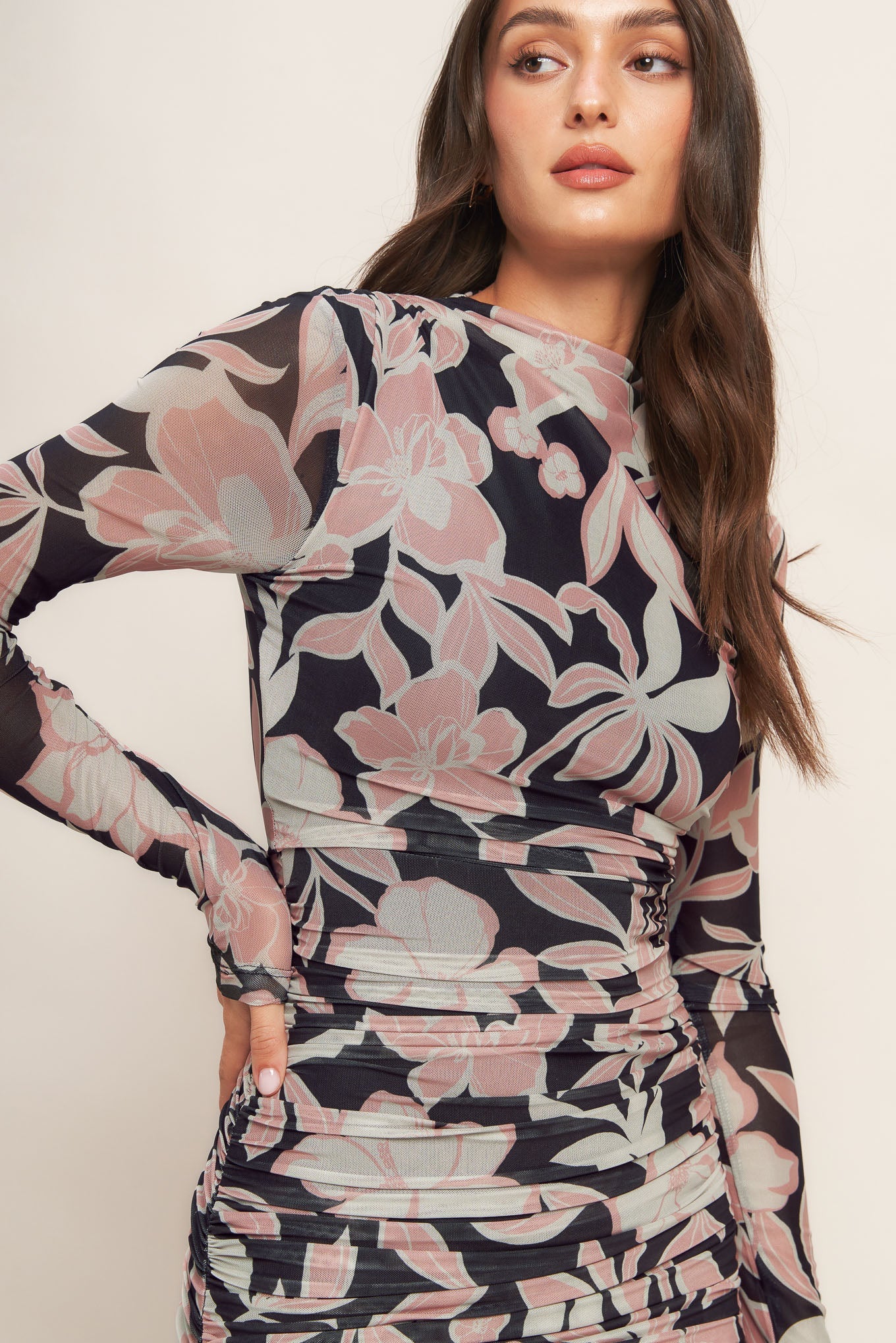 LONG SLEEVE BLACK FLORAL POWER MESH MIDI DRESS