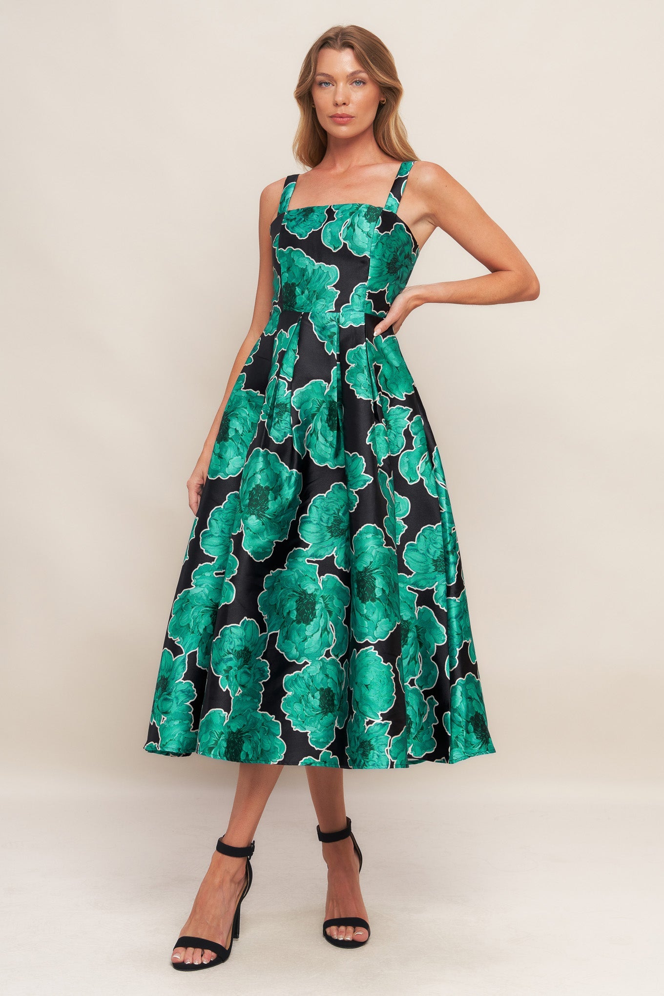 ROYAL BAROQUE GREEN FLORAL PRINT SATIN MIDI DRESS