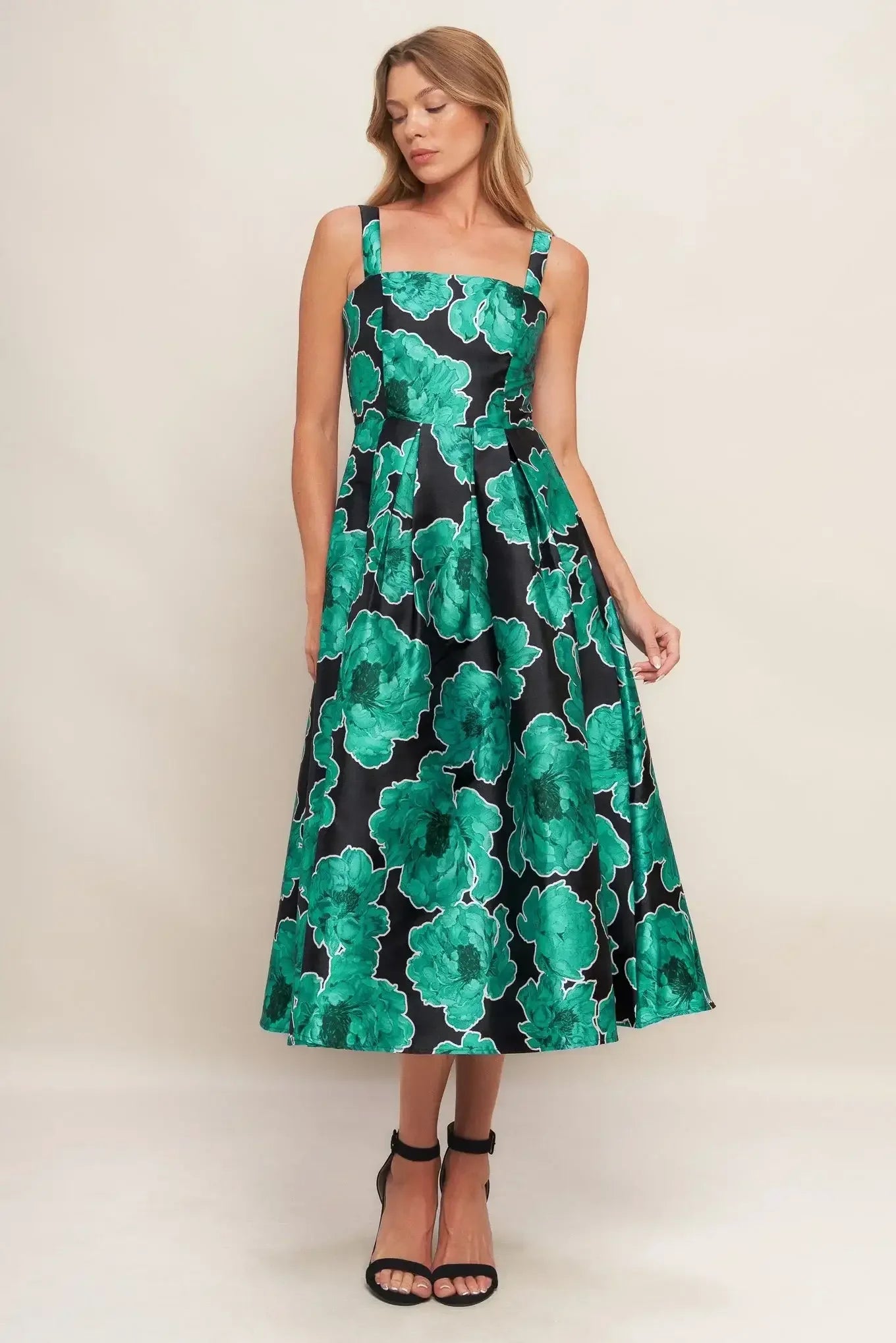 ROYAL BAROQUE GREEN FLORAL PRINT SATIN MIDI DRESS