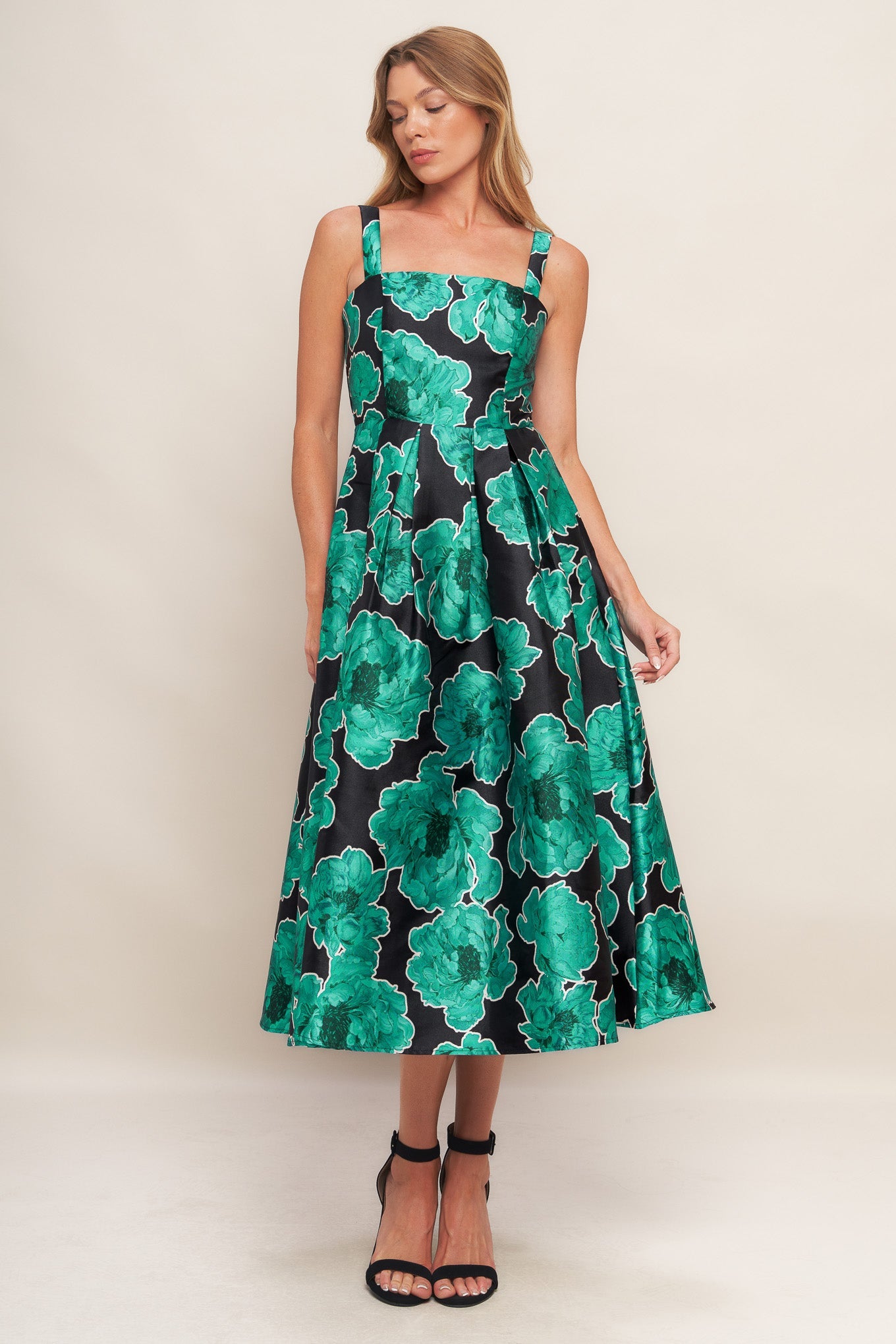 ROYAL BAROQUE GREEN FLORAL PRINT SATIN MIDI DRESS