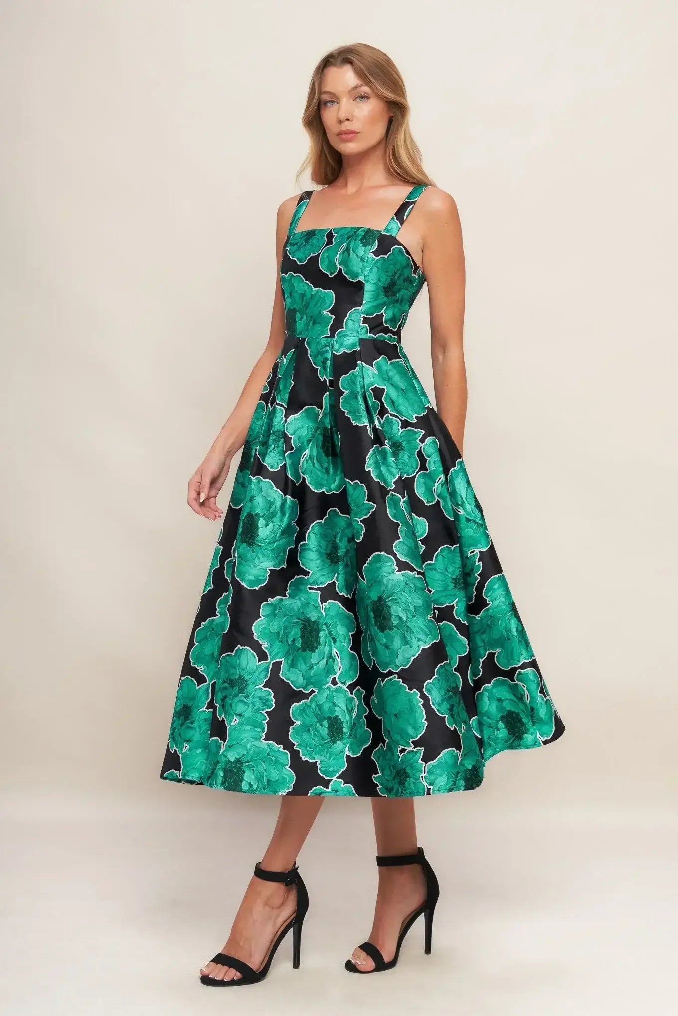 ROYAL BAROQUE GREEN FLORAL PRINT SATIN MIDI DRESS