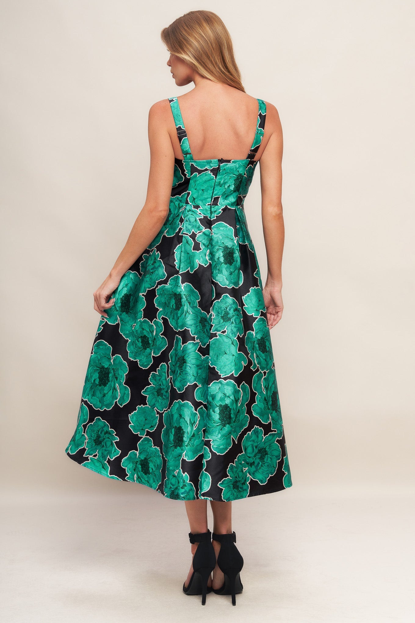 ROYAL BAROQUE GREEN FLORAL PRINT SATIN MIDI DRESS