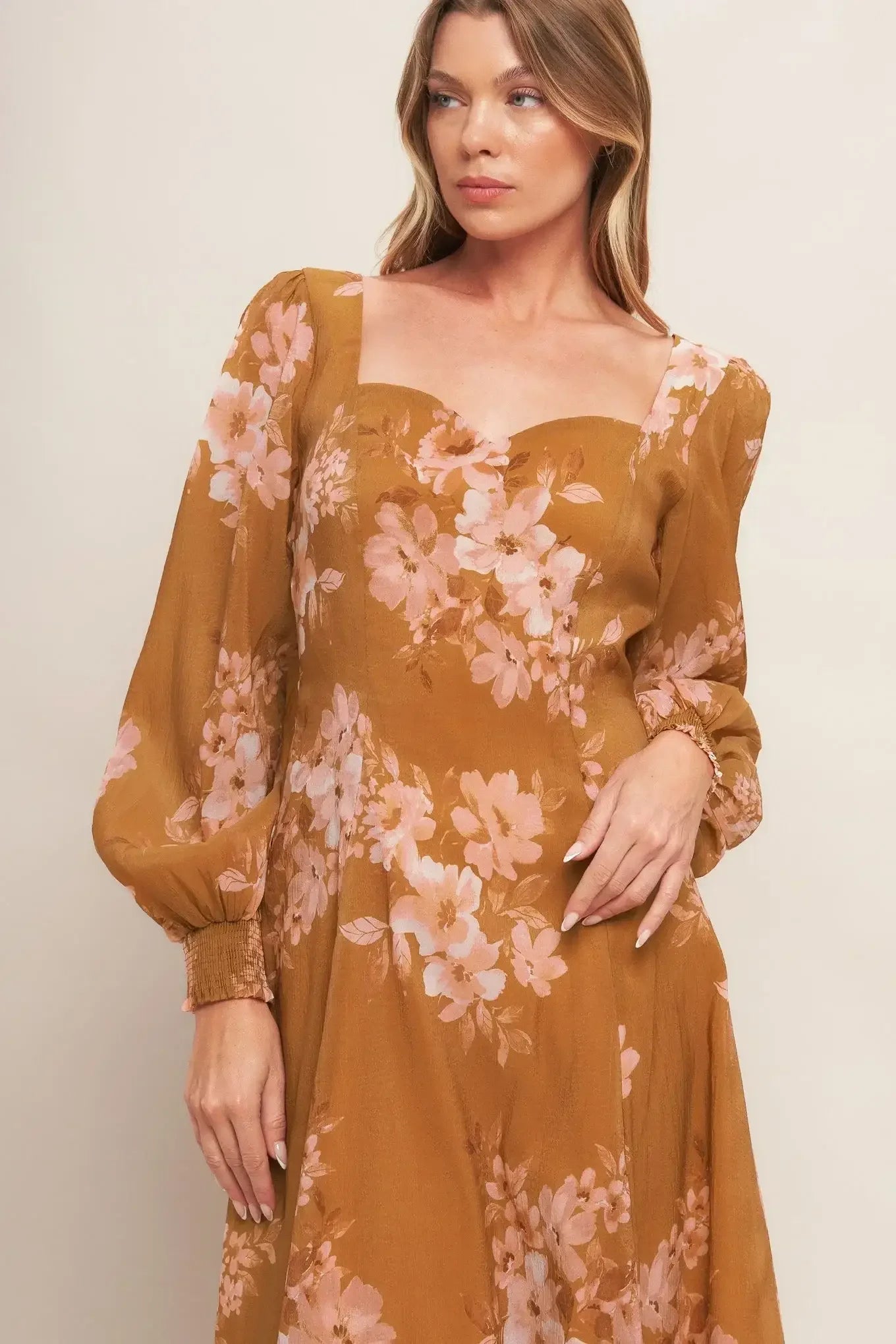 GOLDEN BLOSSOM BROWN MAXI DRESS