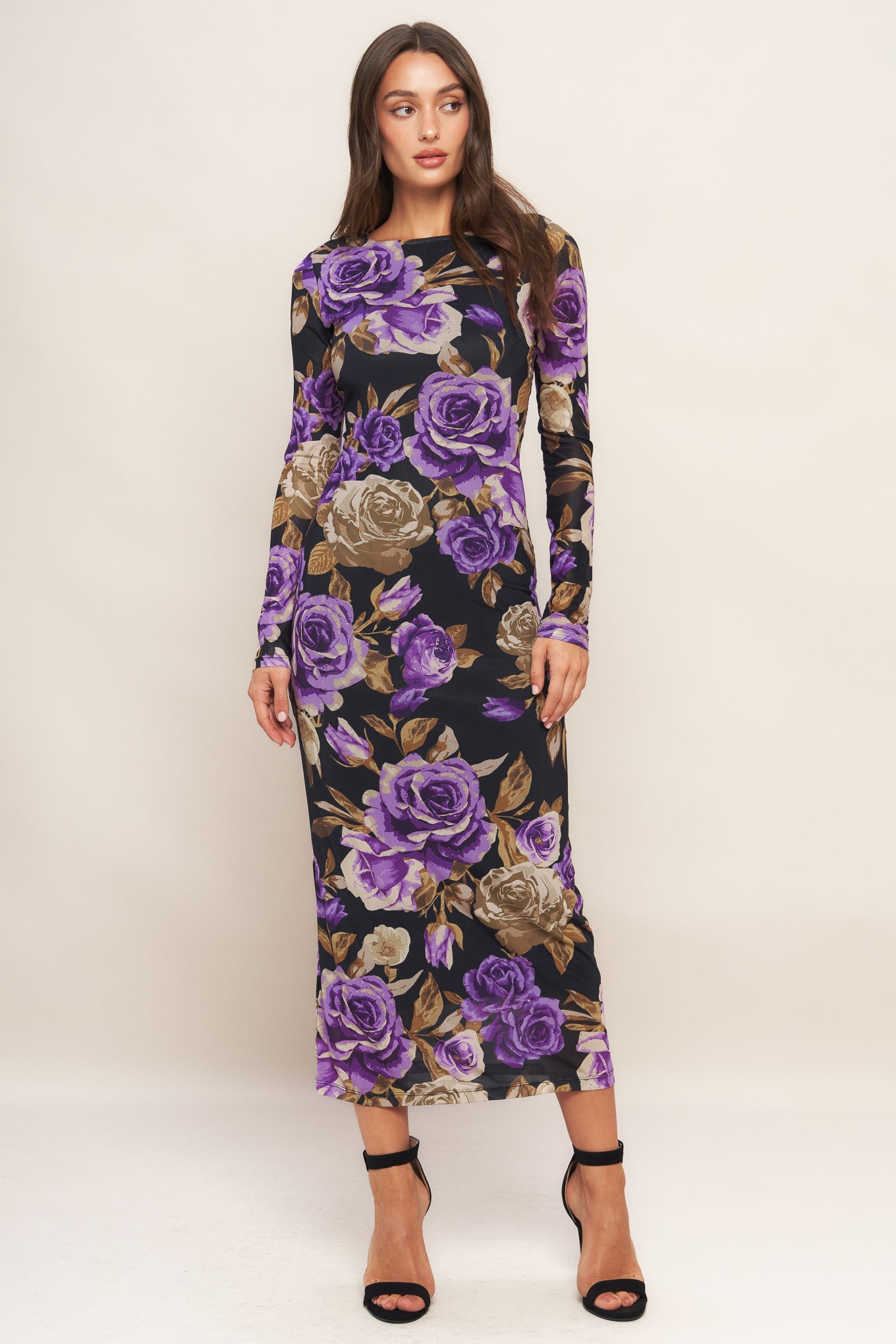 VIOLET EMBRACE LONG SLEEVE POWER MESH MIDI DRESS