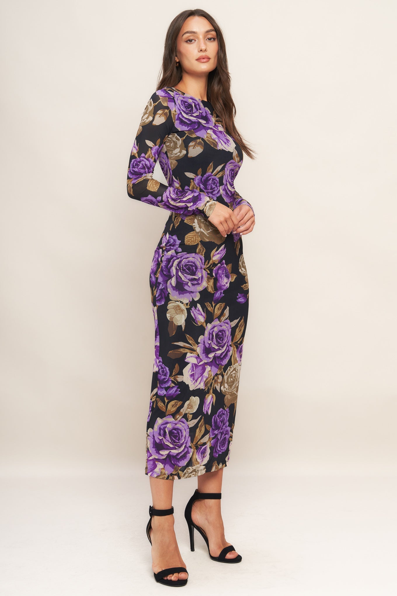VIOLET EMBRACE LONG SLEEVE POWER MESH MIDI DRESS