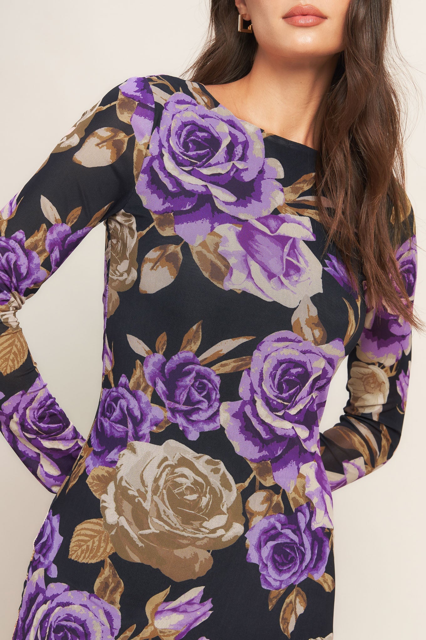 VIOLET EMBRACE LONG SLEEVE POWER MESH MIDI DRESS