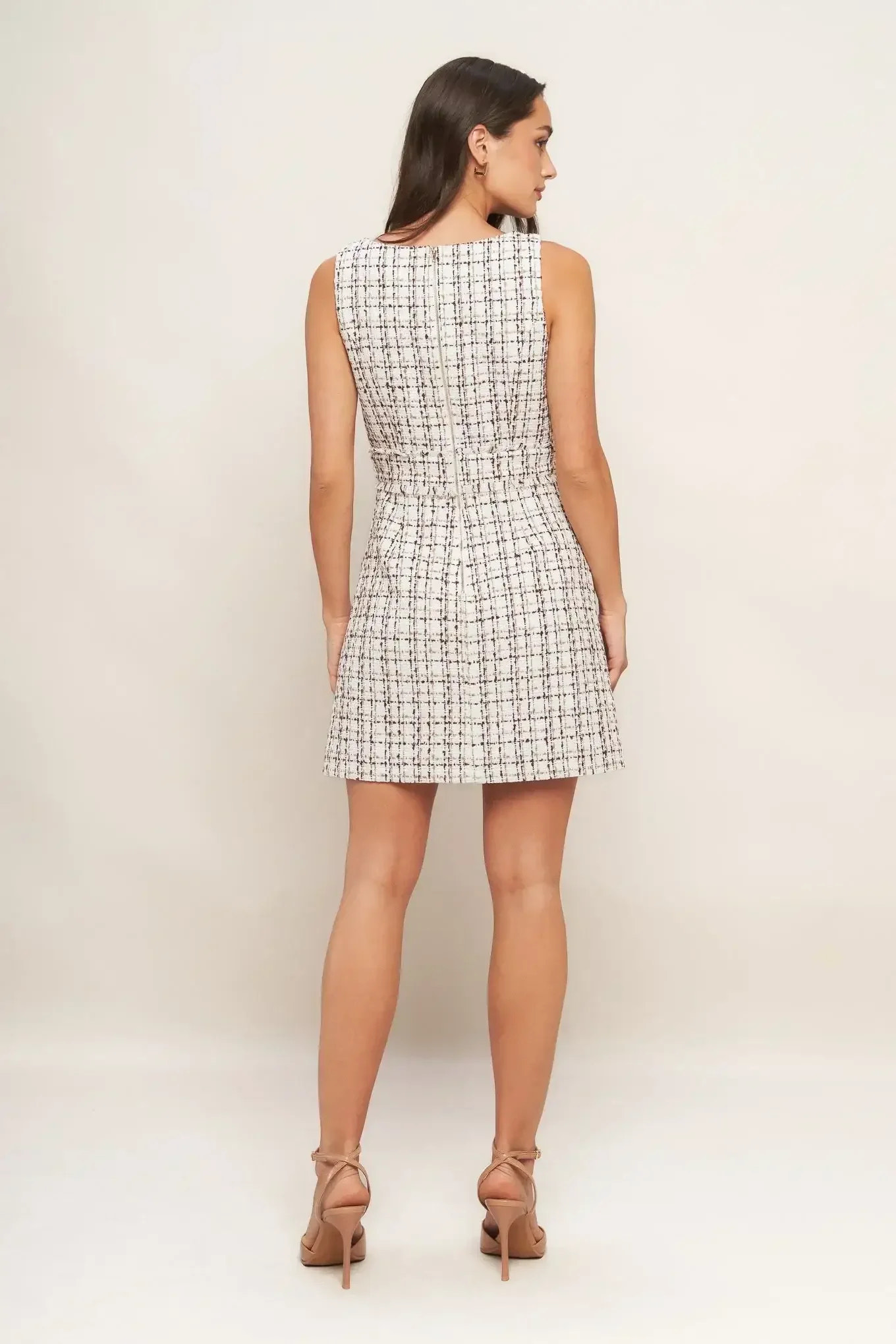 GOLDEN GRID LUXE TWEED MINI DRESS