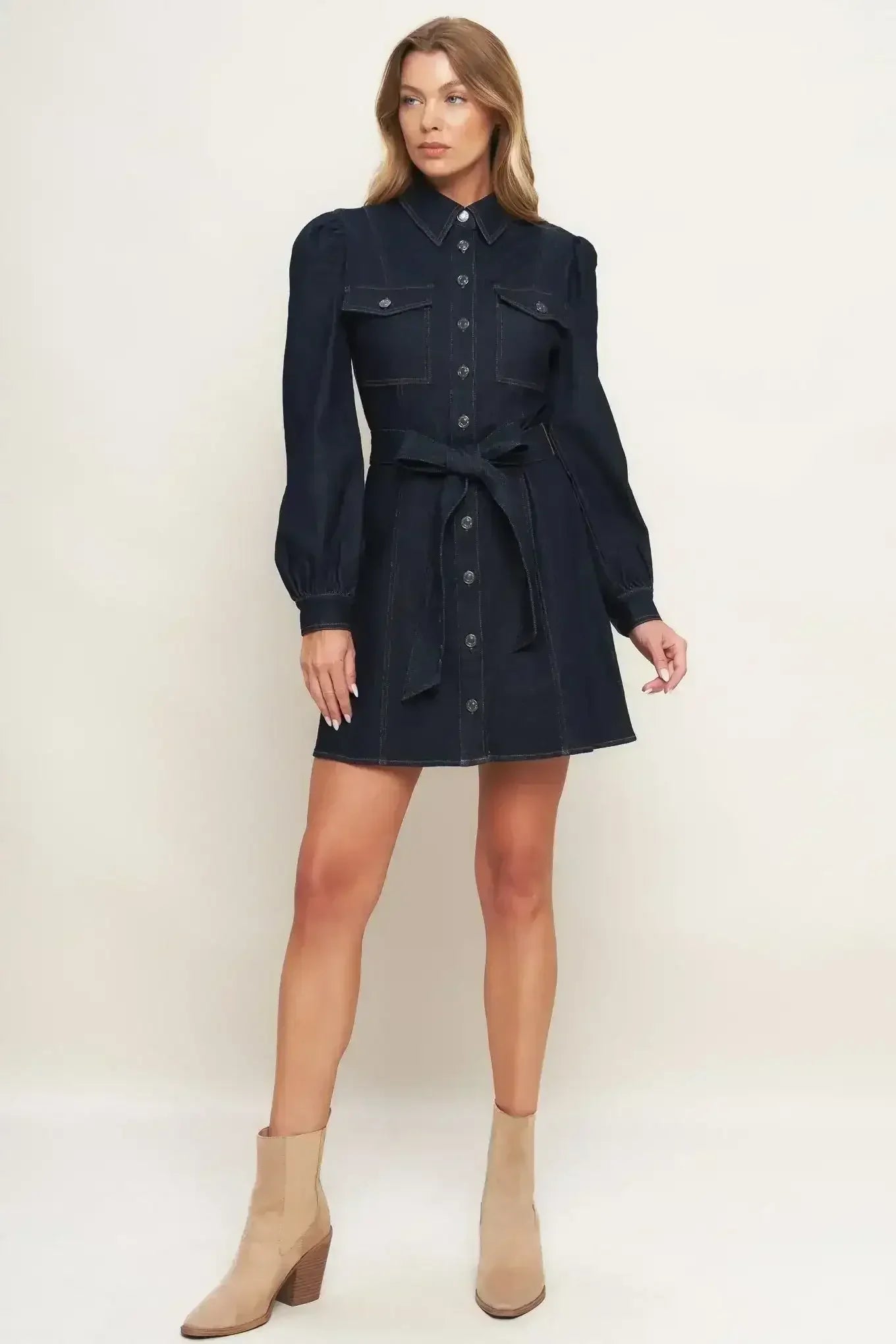 AUTUMN DAYS DARK INDIGO DENIM MINI DRESS - FINAL SALE