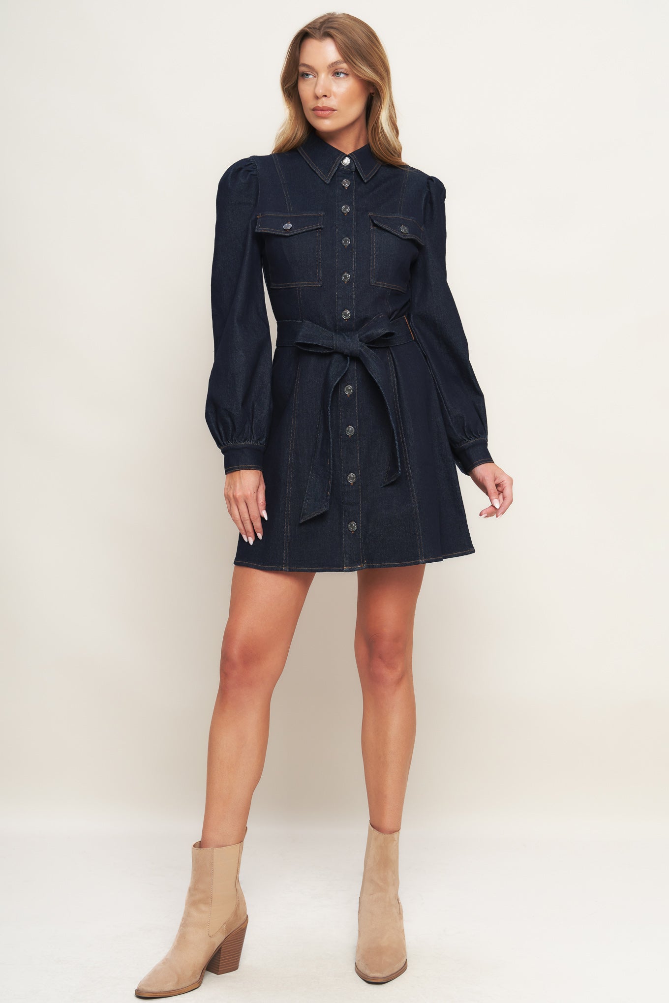 AUTUMN DAYS DARK INDIGO DENIM MINI DRESS - FINAL SALE