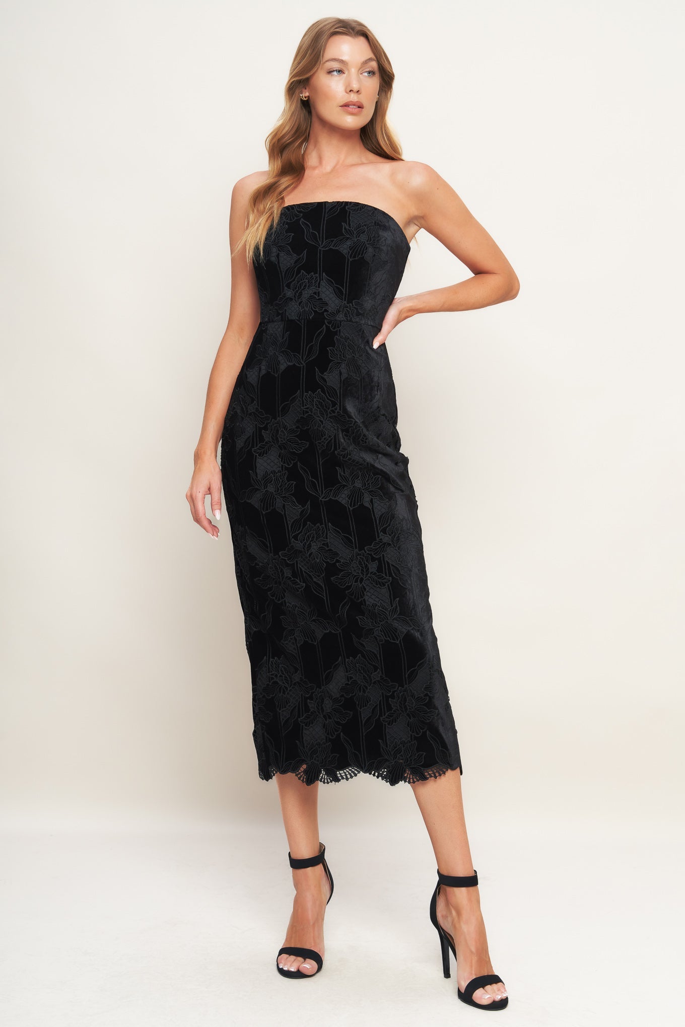 TEMPTATION BLACK VELVET LACE MIDI DRESS