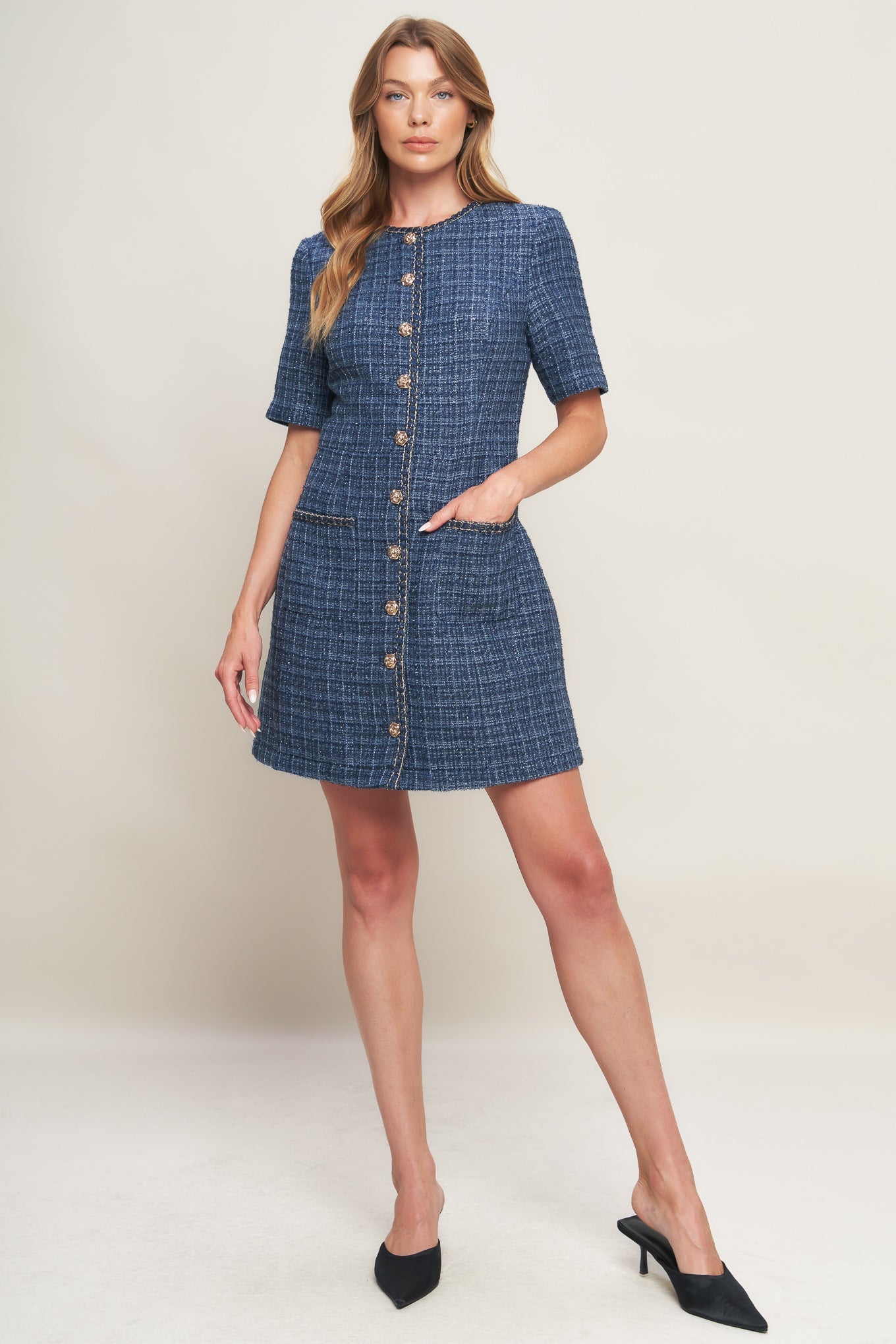 MODERN ICONIC BLUE TWEED MINI DRESS