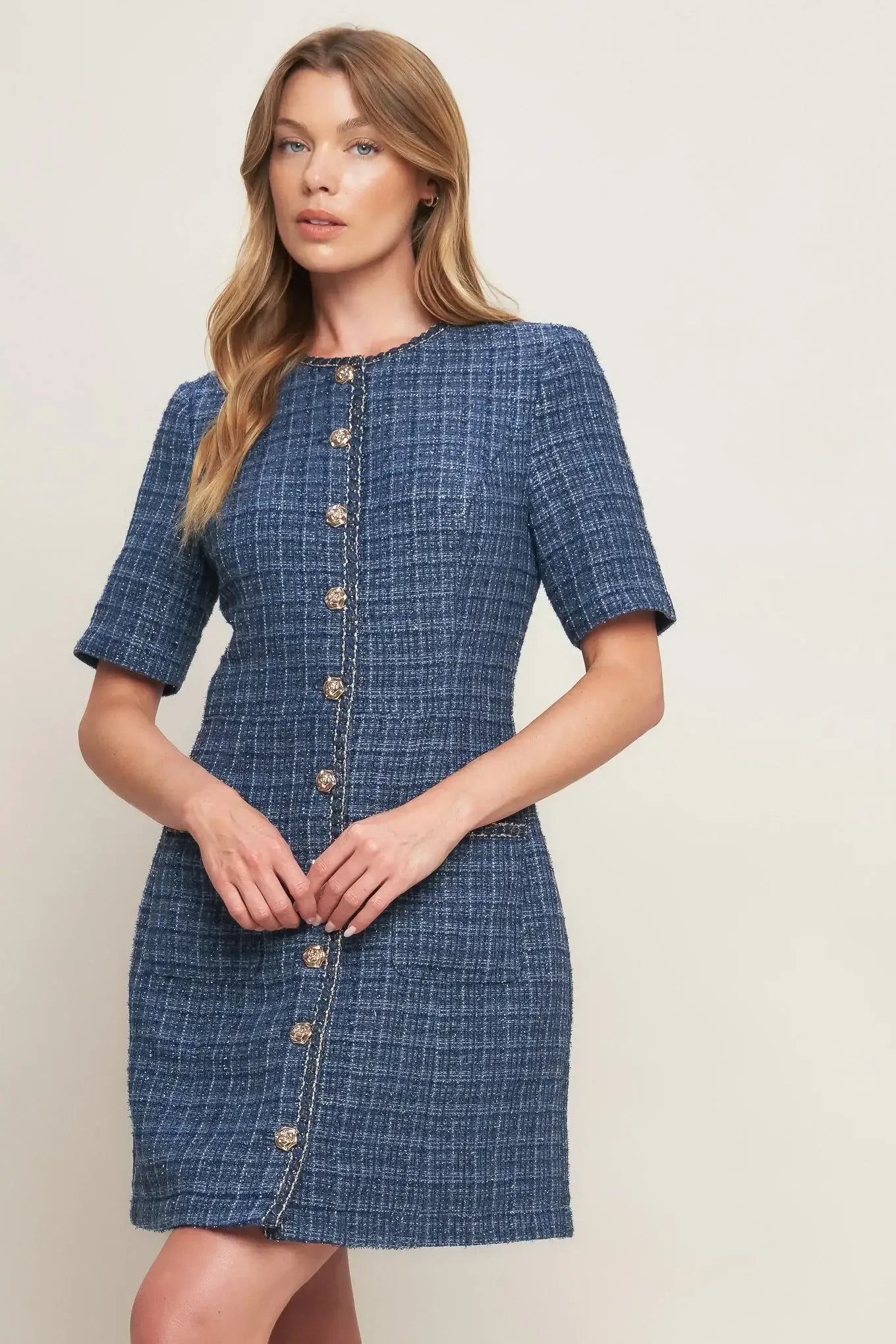 MODERN ICONIC BLUE TWEED MINI DRESS