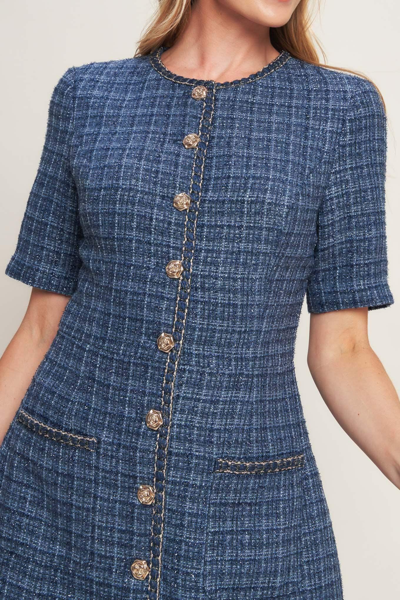 MODERN ICONIC BLUE TWEED MINI DRESS