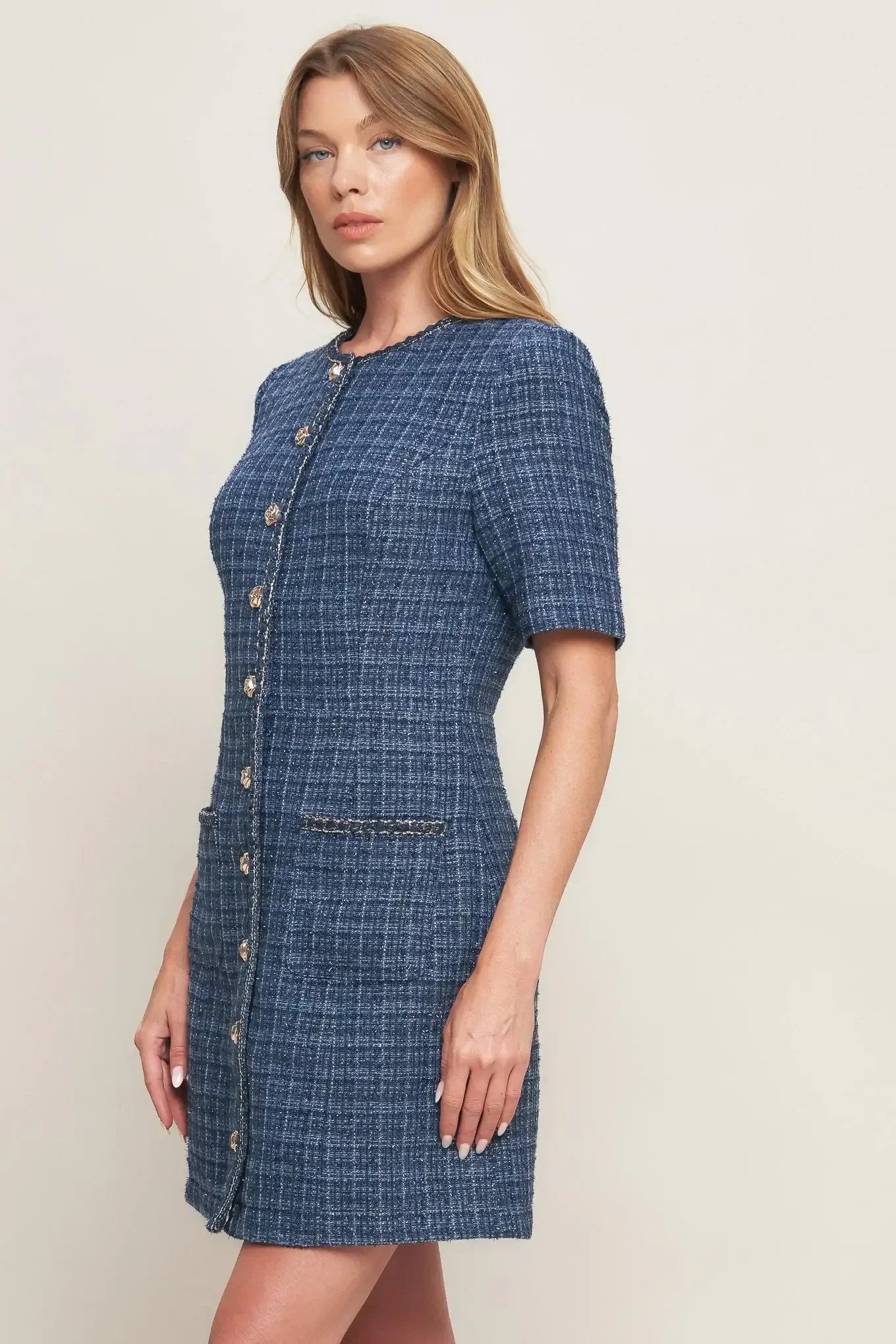 MODERN ICONIC BLUE TWEED MINI DRESS
