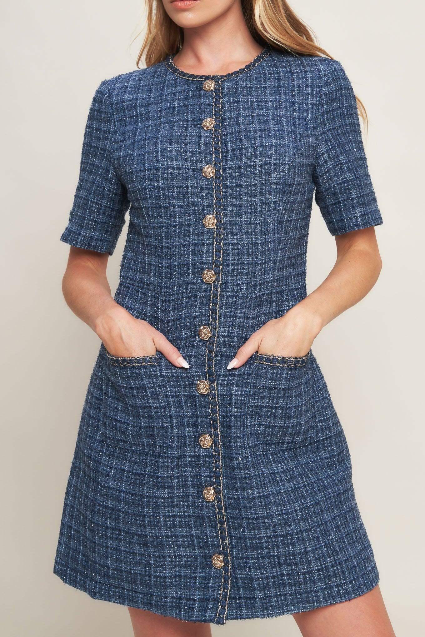 MODERN ICONIC BLUE TWEED MINI DRESS
