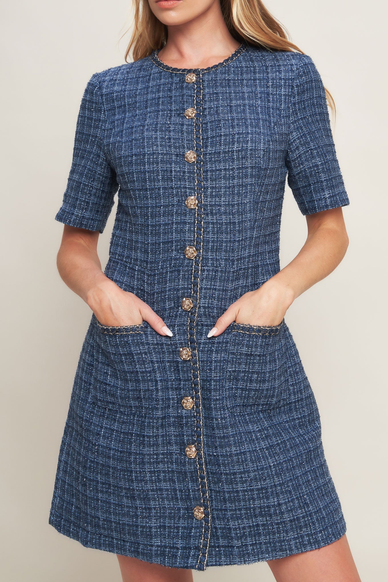 MODERN ICONIC BLUE TWEED MINI DRESS