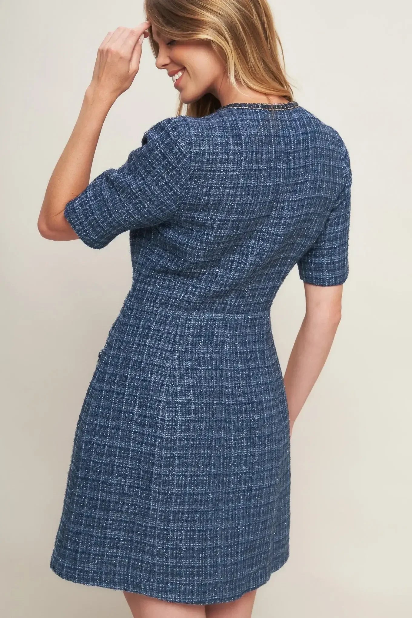 MODERN ICONIC BLUE TWEED MINI DRESS