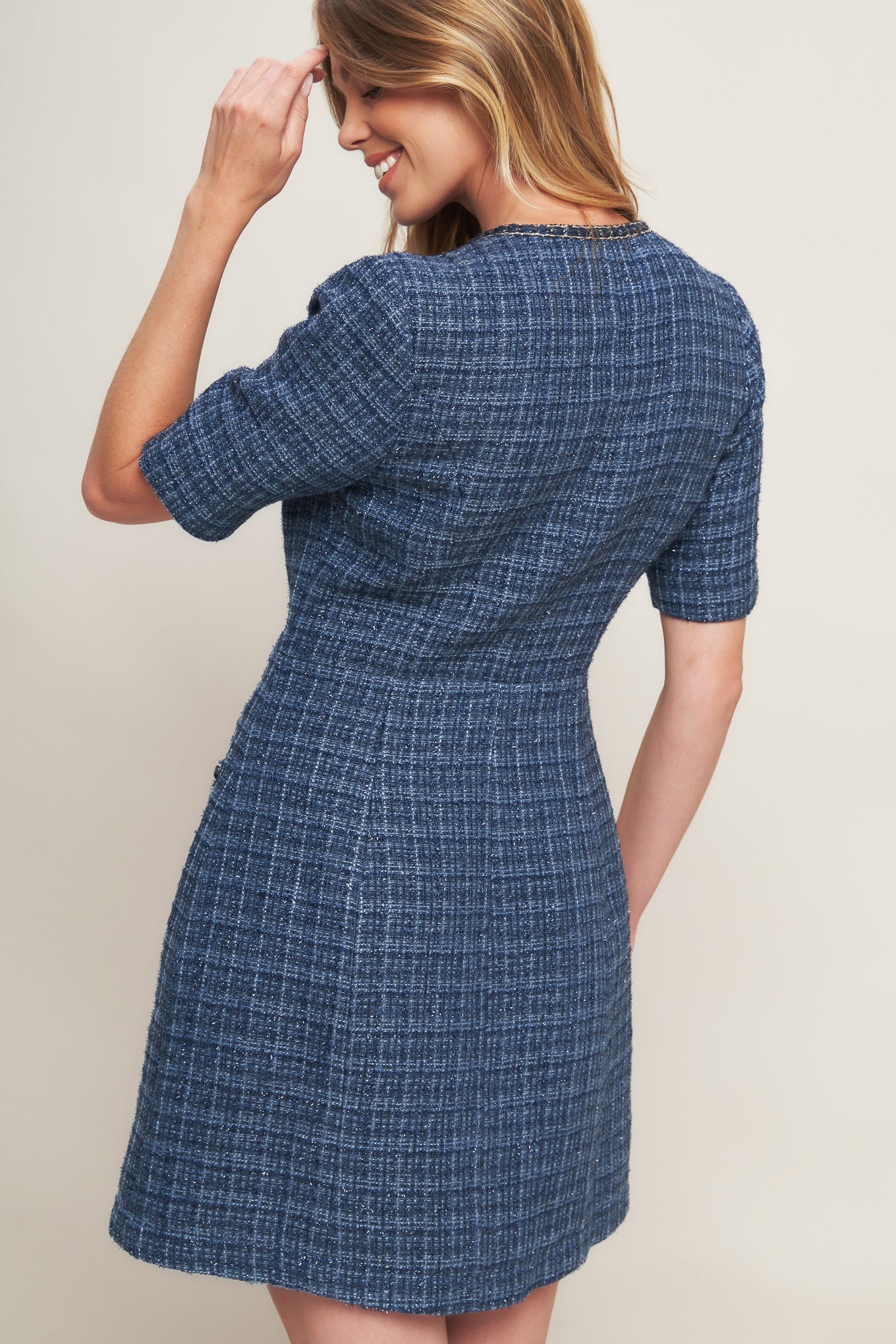 MODERN ICONIC BLUE TWEED MINI DRESS