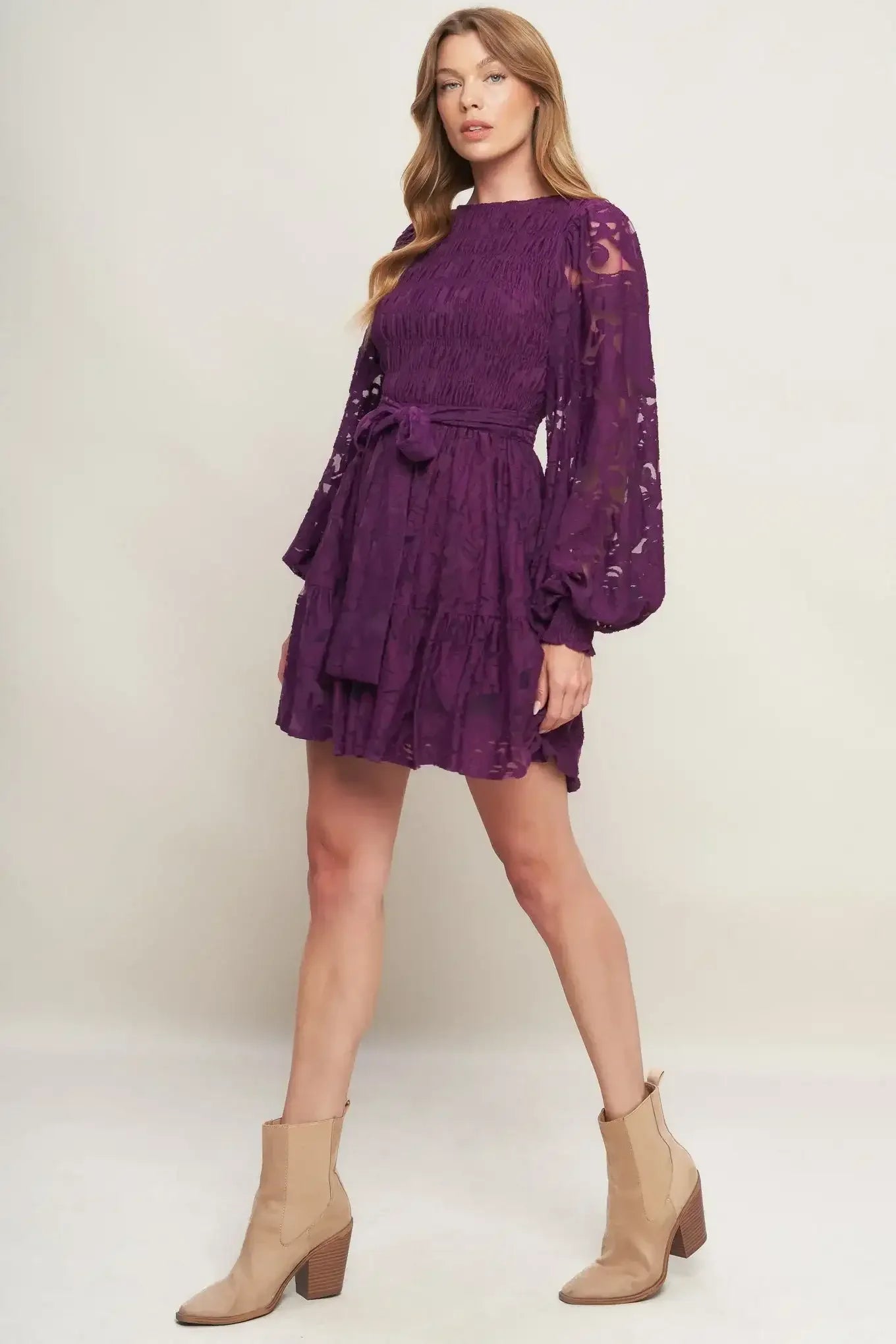 Purple lace dress with sheer sleeves