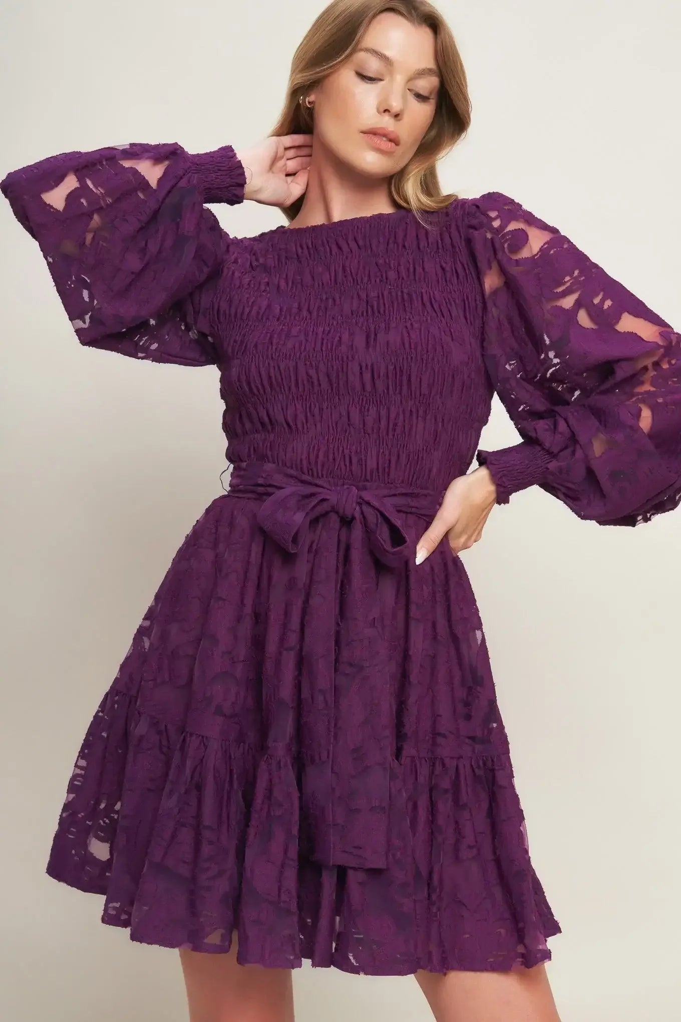 Purple lace dress with sheer sleeves