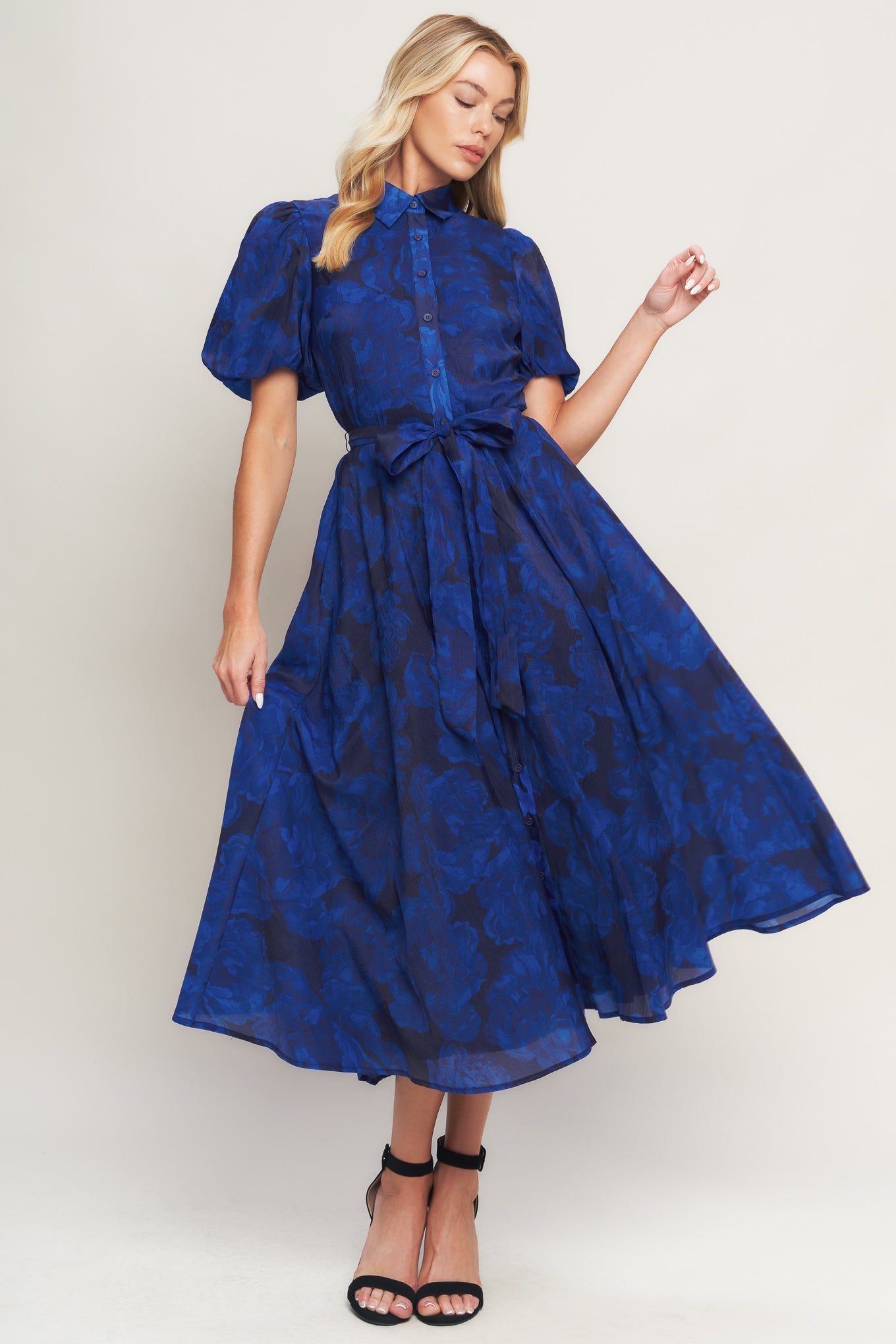 TWILIGHT MUSE NAVY FLOWER PRINT MIDI DRESS