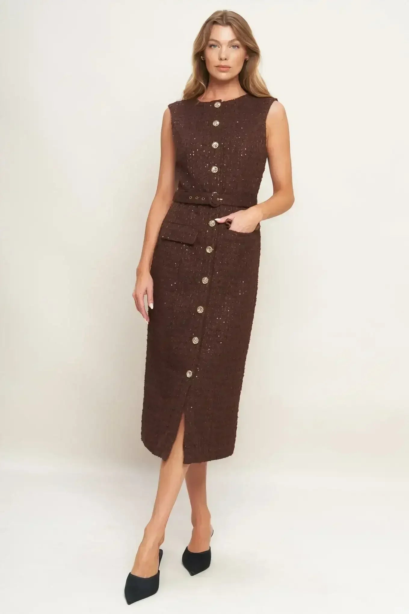 LOVELY HERITAGE BROWN TWEED MIDI DRESS - FINAL SALE