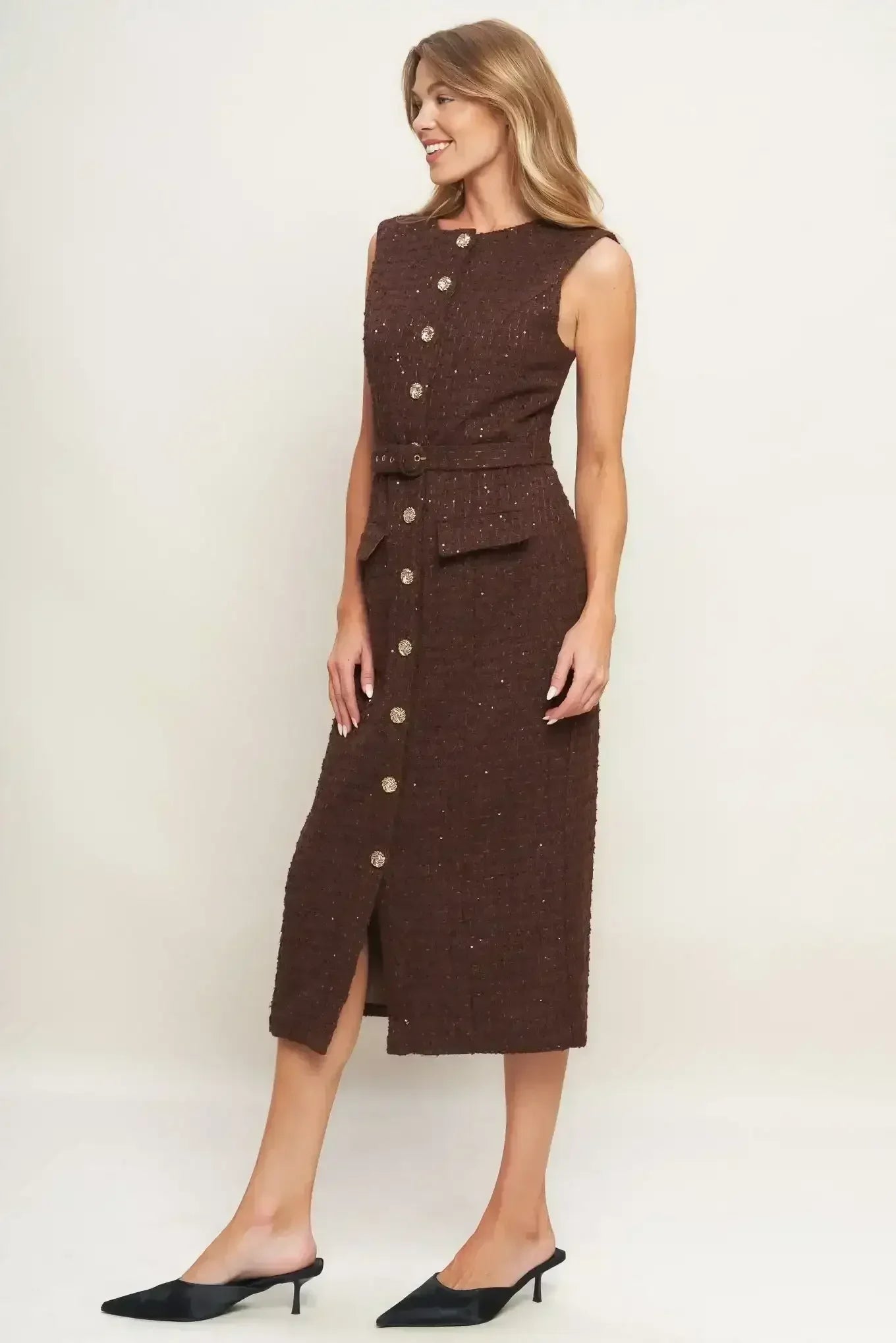 LOVELY HERITAGE BROWN TWEED MIDI DRESS - FINAL SALE