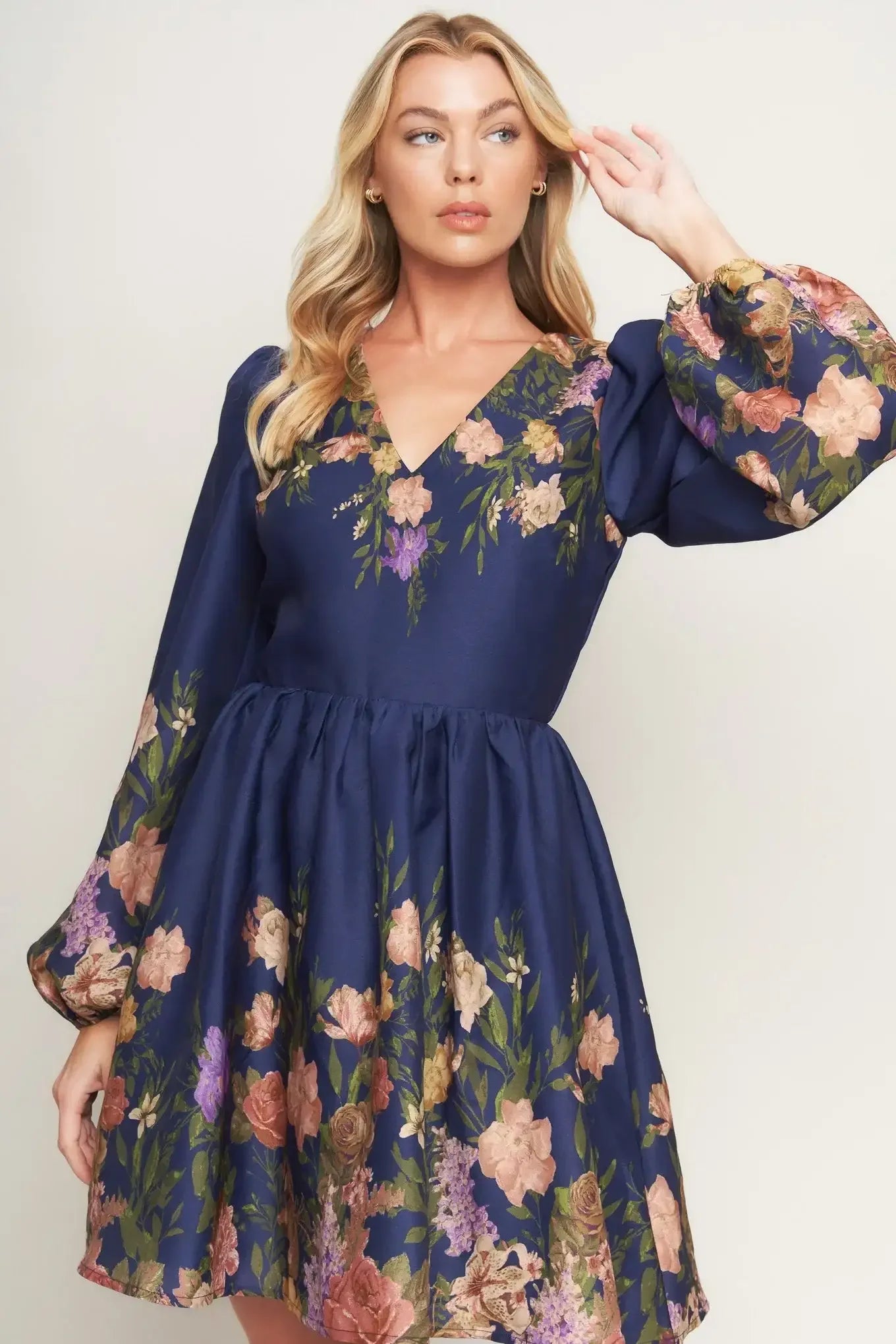 Navy floral dress with long sleeves