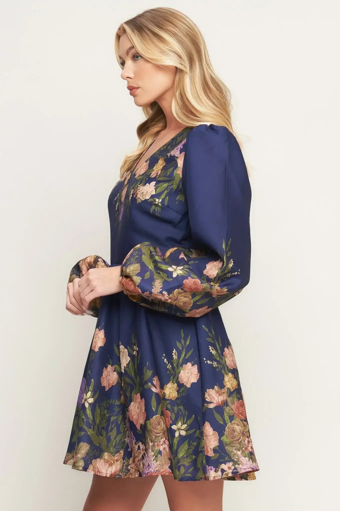 Navy floral dress with long sleeves