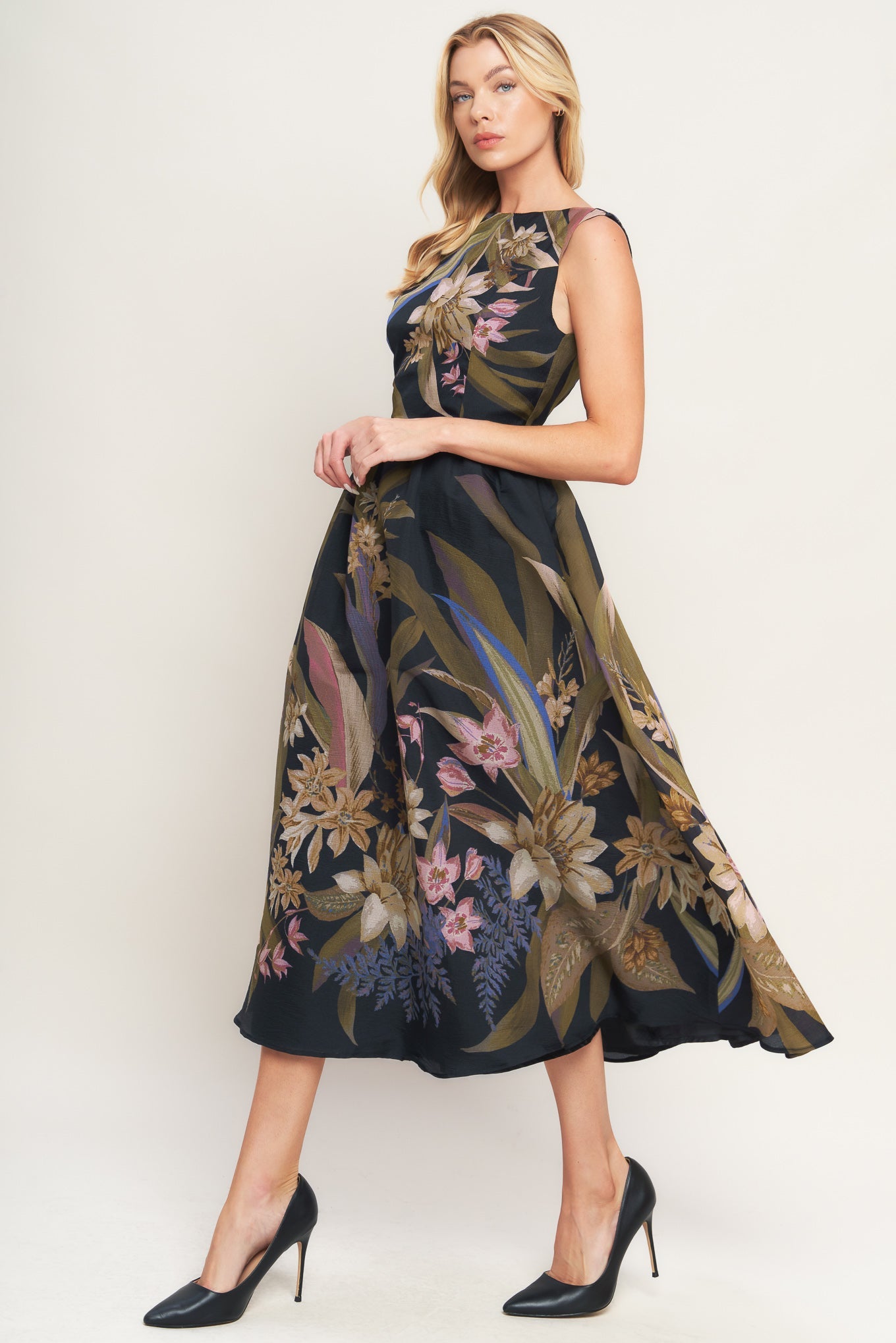 FOLIAGE WHISPER BLACK MIDI DRESS