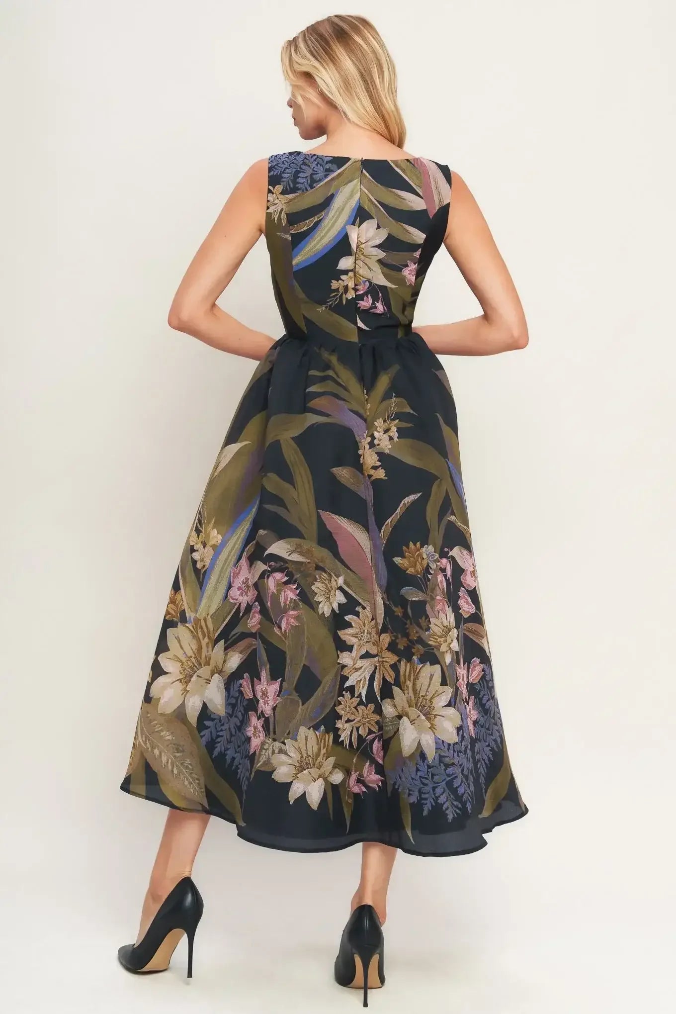 FOLIAGE WHISPER BLACK MIDI DRESS