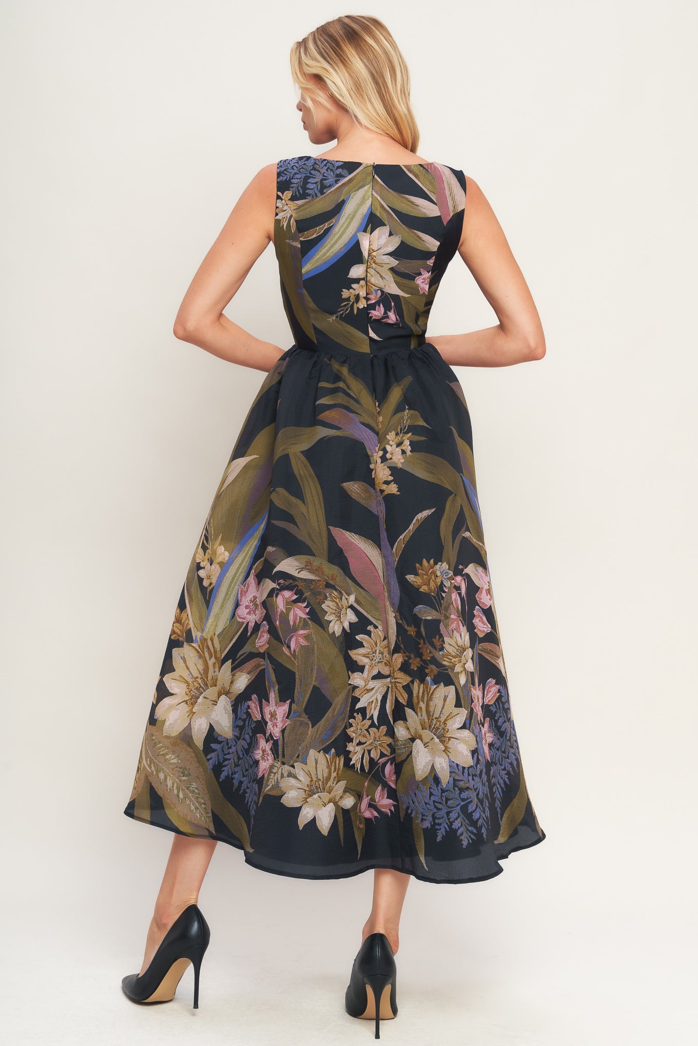 FOLIAGE WHISPER BLACK MIDI DRESS