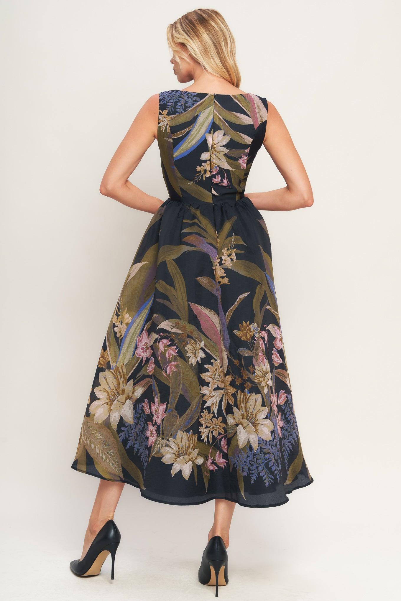 FOLIAGE WHISPER - BLACK MIDI DRESS