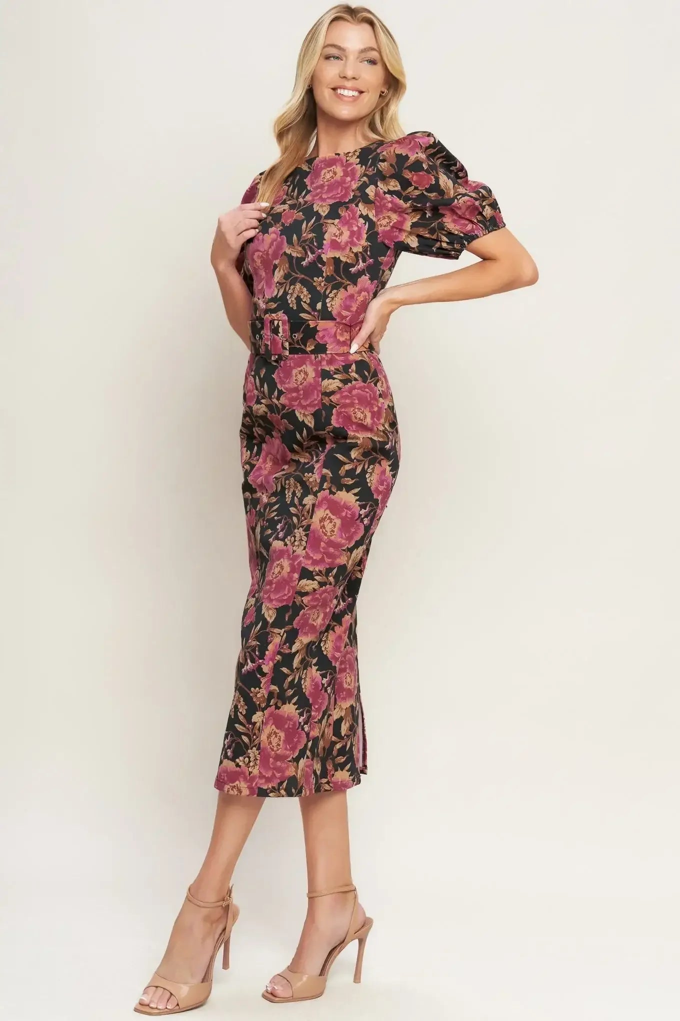 ROSE PUFF SLEEVE FITTED MIDI DRESS