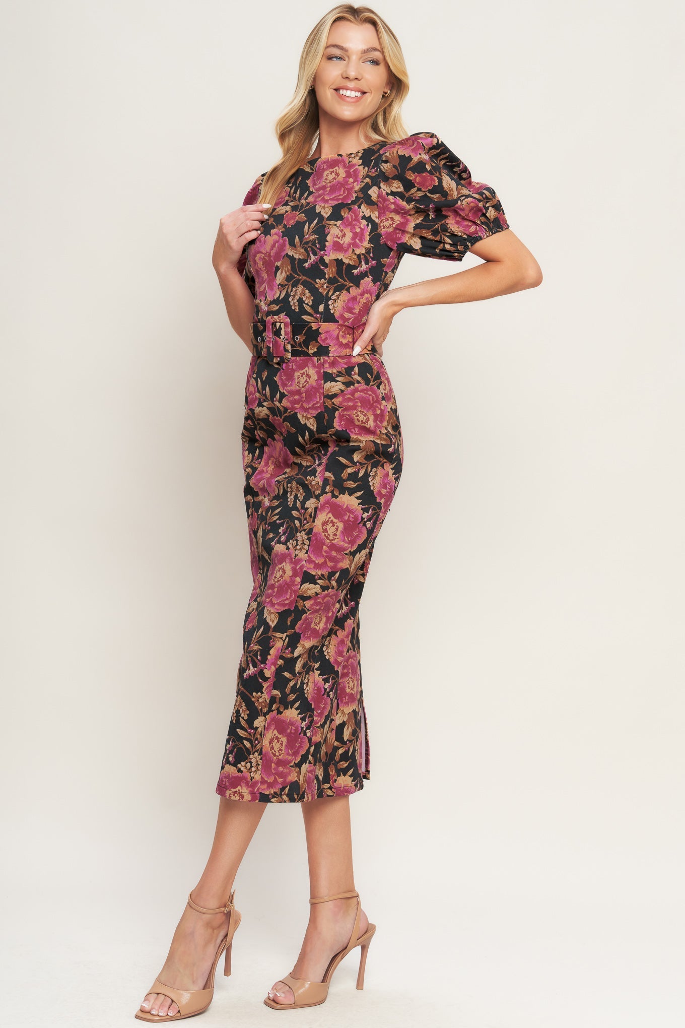 ROSE PUFF SLEEVE FITTED MIDI DRESS