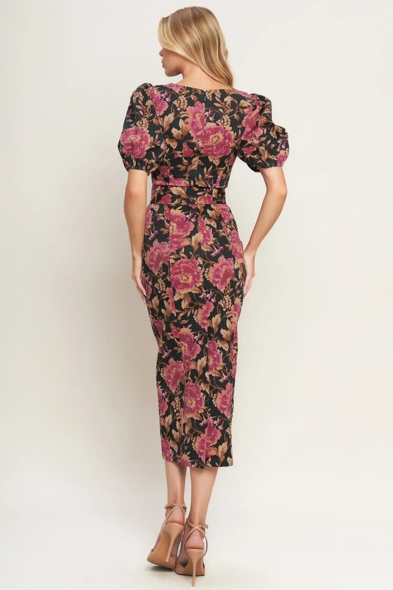 ROSE PUFF SLEEVE FITTED MIDI DRESS