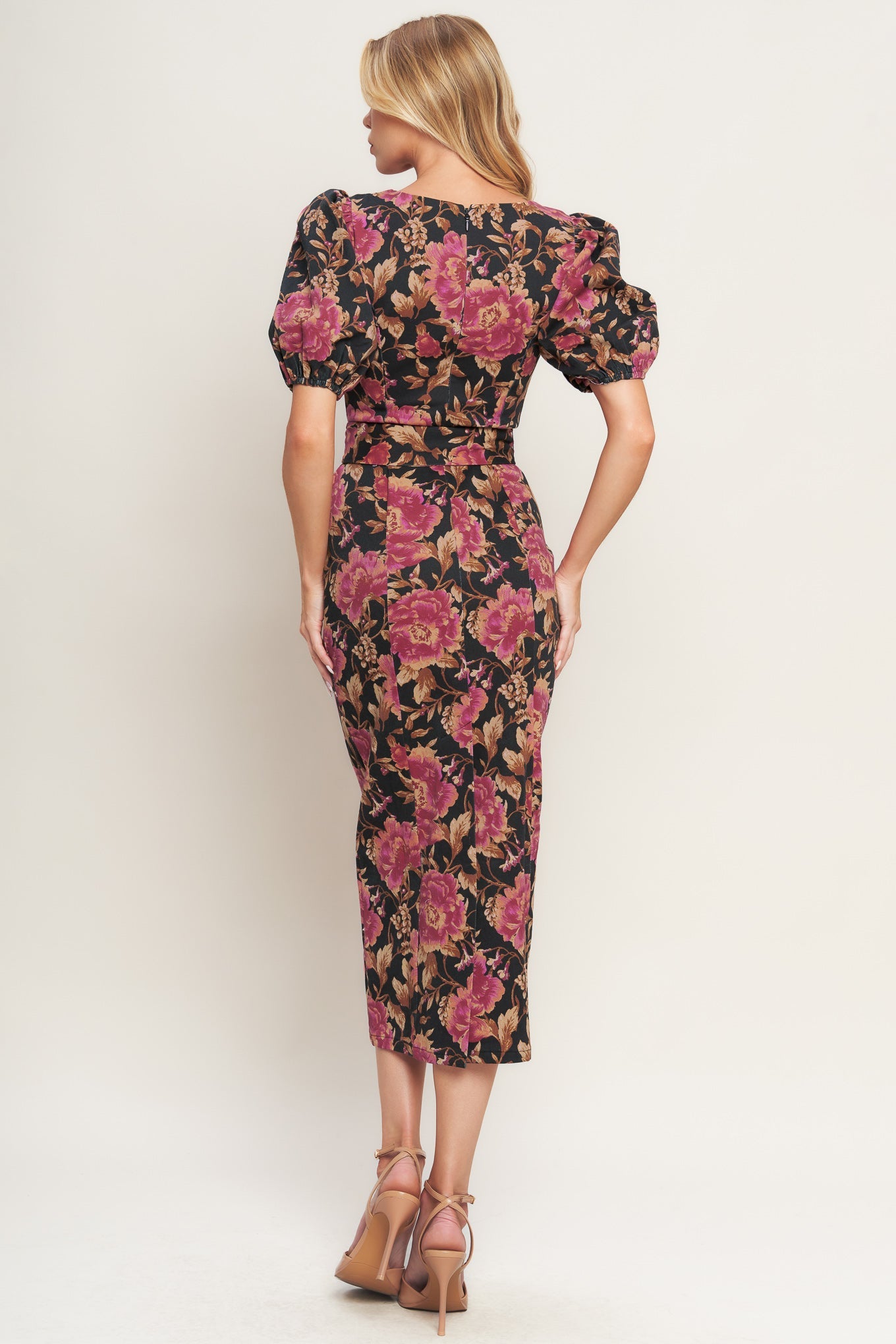 ROSE PUFF SLEEVE FITTED MIDI DRESS