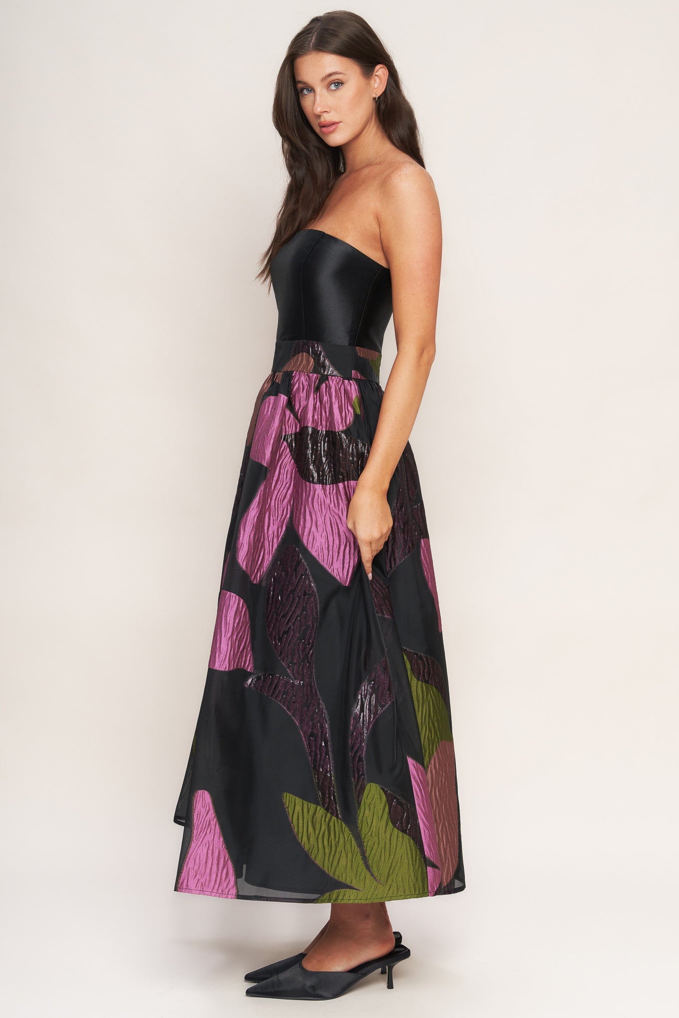 Women strapless black dress with colorful floral pattern