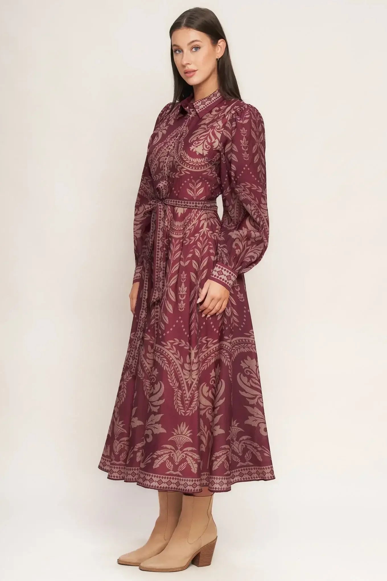 VINTAGE TAPESTRY LONG SLEEVE BURGUNDY MIDI DRESS