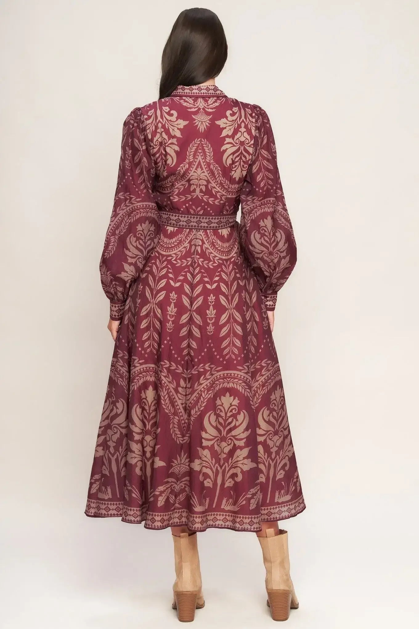 VINTAGE TAPESTRY LONG SLEEVE BURGUNDY MIDI DRESS