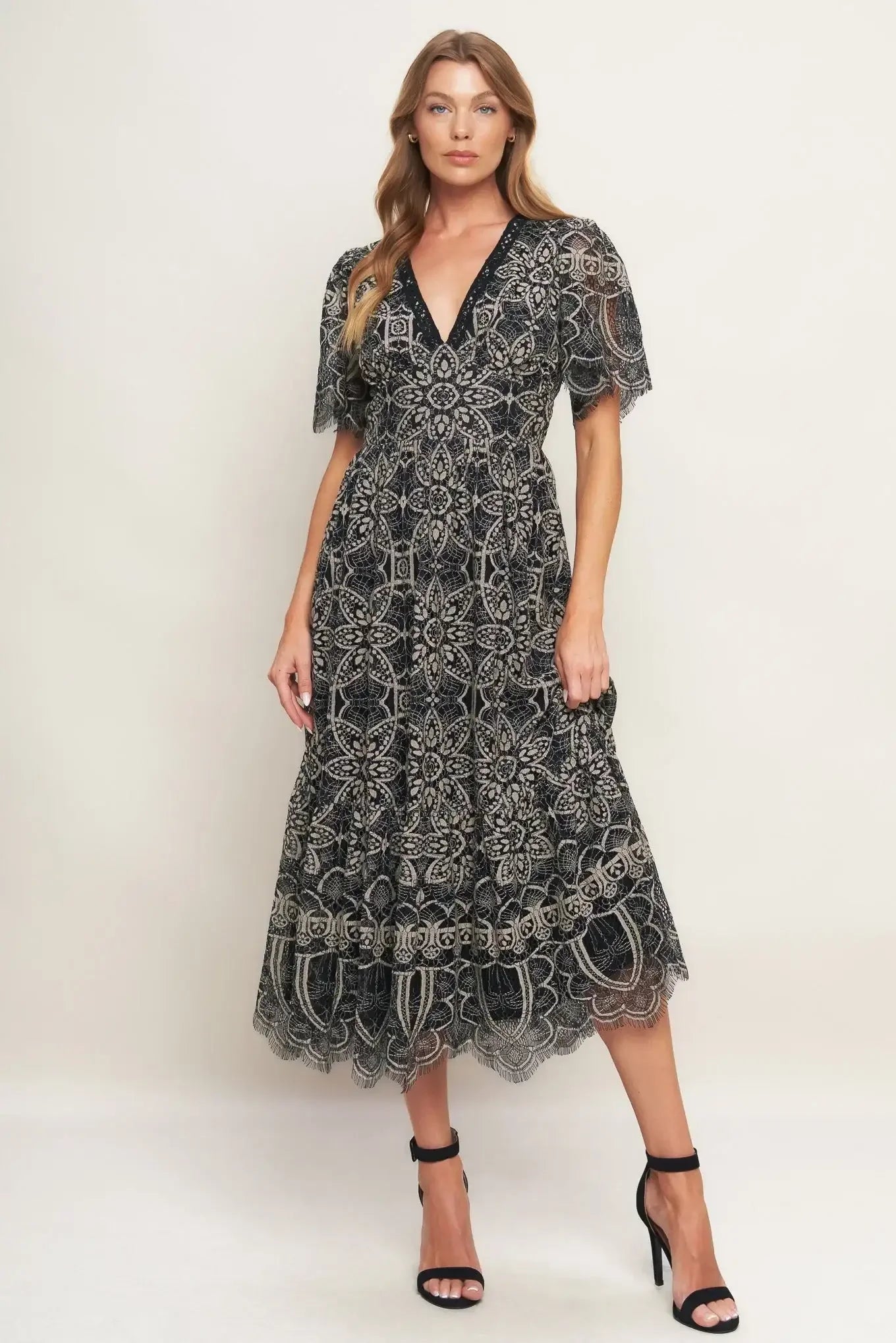 GOTHIC BLOOM BLACK LACE MIDI DRESS