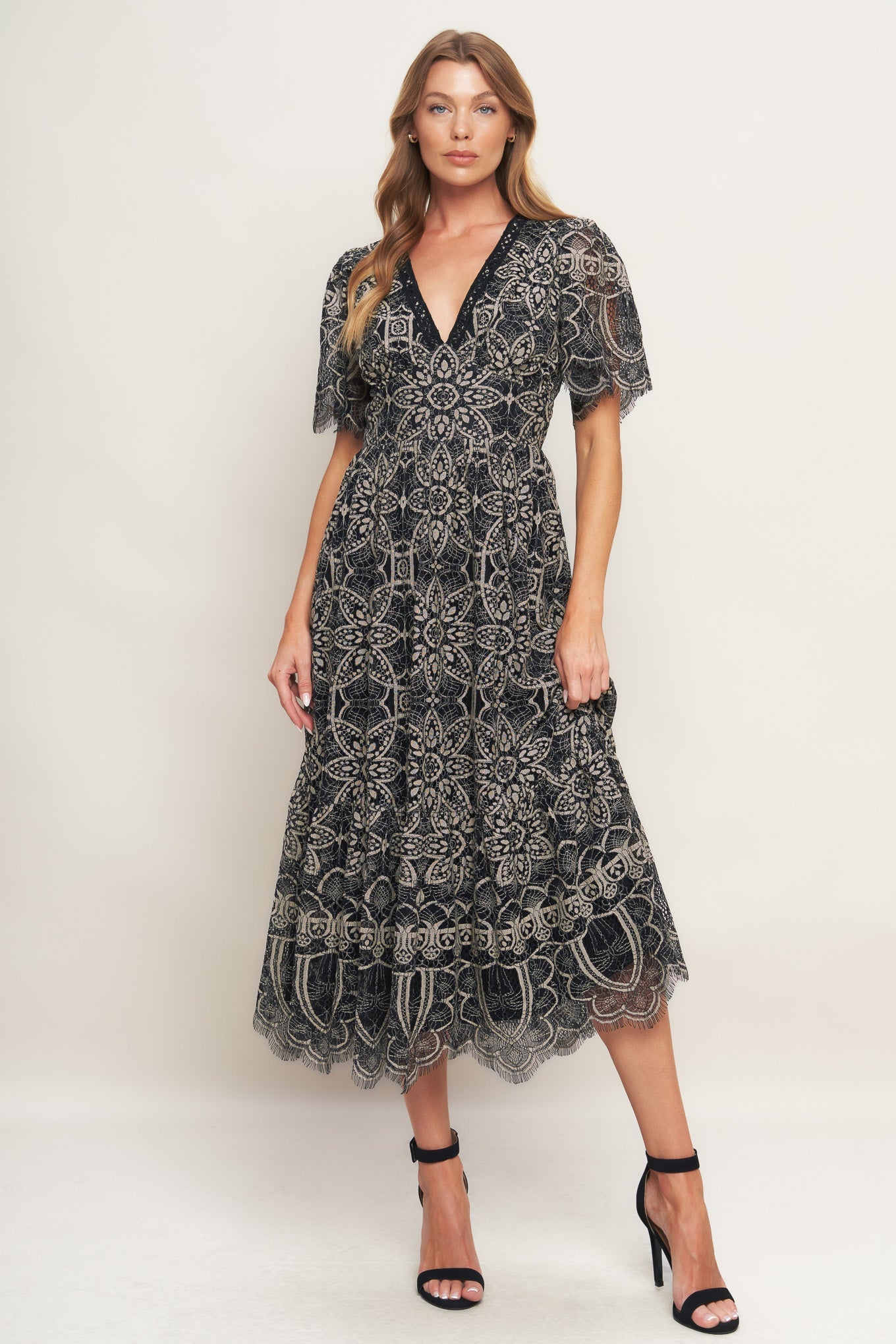 GOTHIC BLOOM BLACK LACE MIDI DRESS