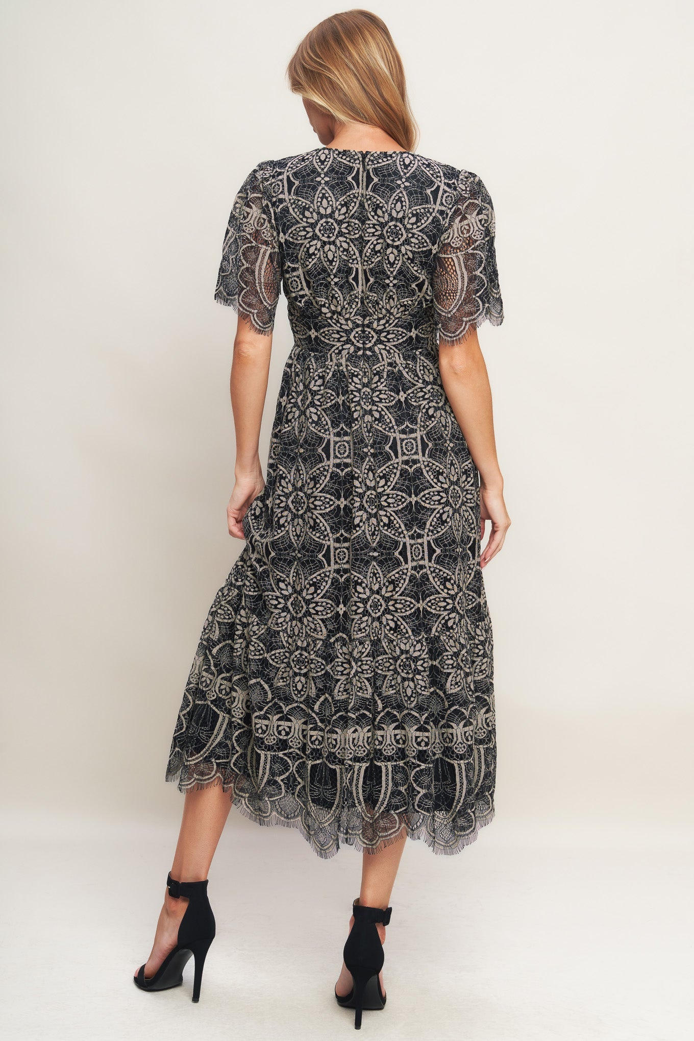 GOTHIC BLOOM BLACK LACE MIDI DRESS