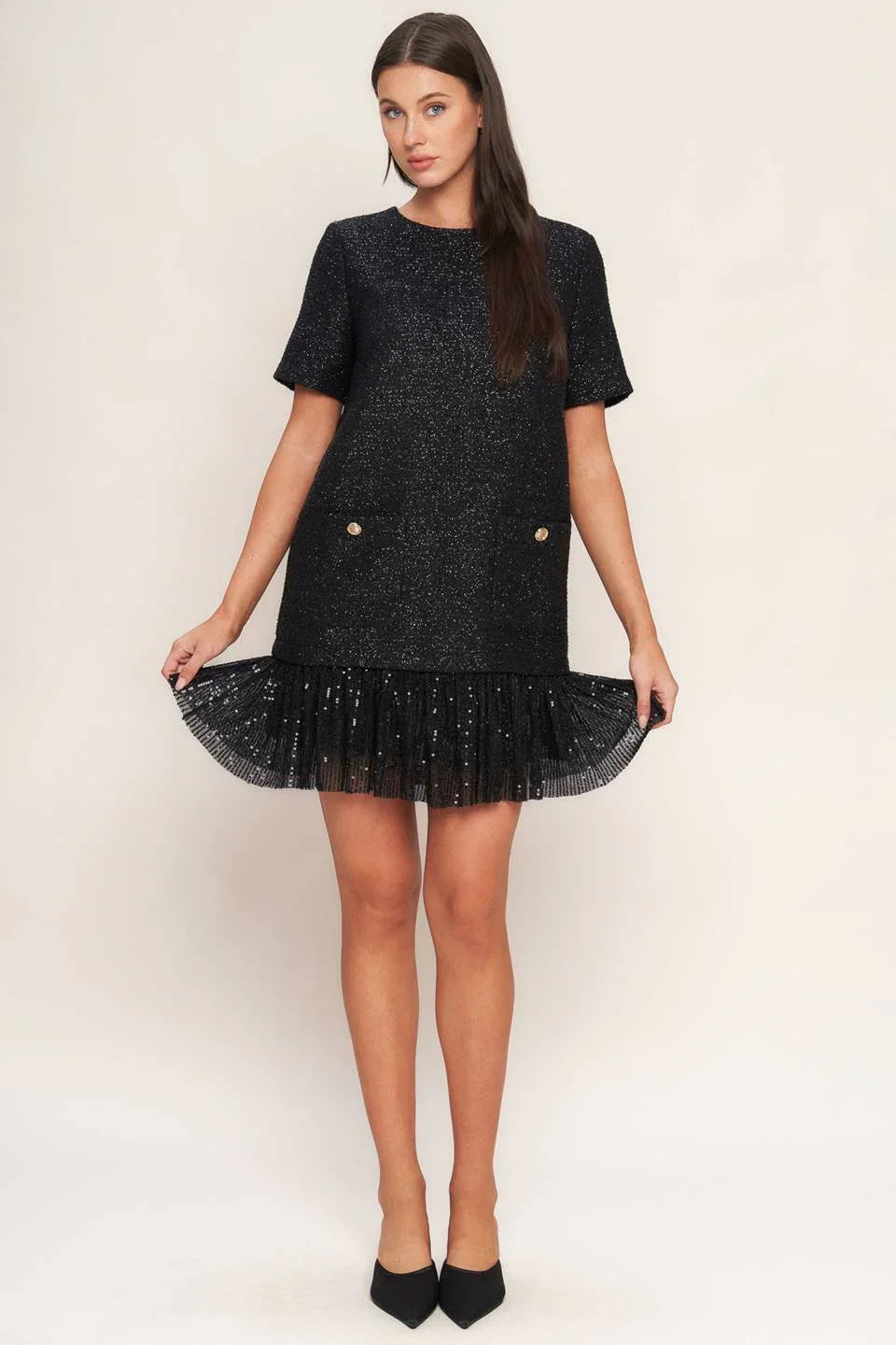 SPARK AFFAIR BLACK TWEED MINI DRESS